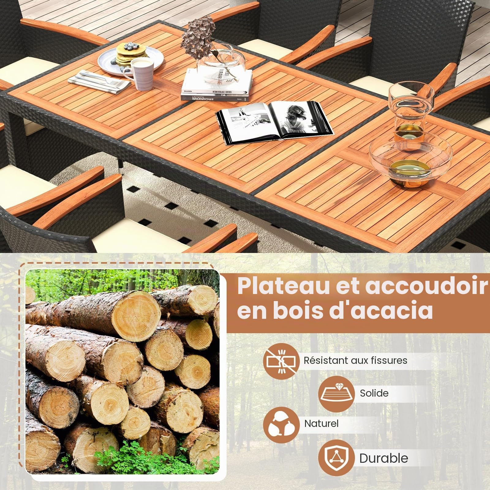 GIANTEX Salon de Jardin 8 Personnes en Rotin et Bois d'Acacia, Table de Jardin Extérieure avec 8 Chaises, Coussins, Trou de Parasol, Pieds Réglables, pour Cour, Pique-Nique, Noir