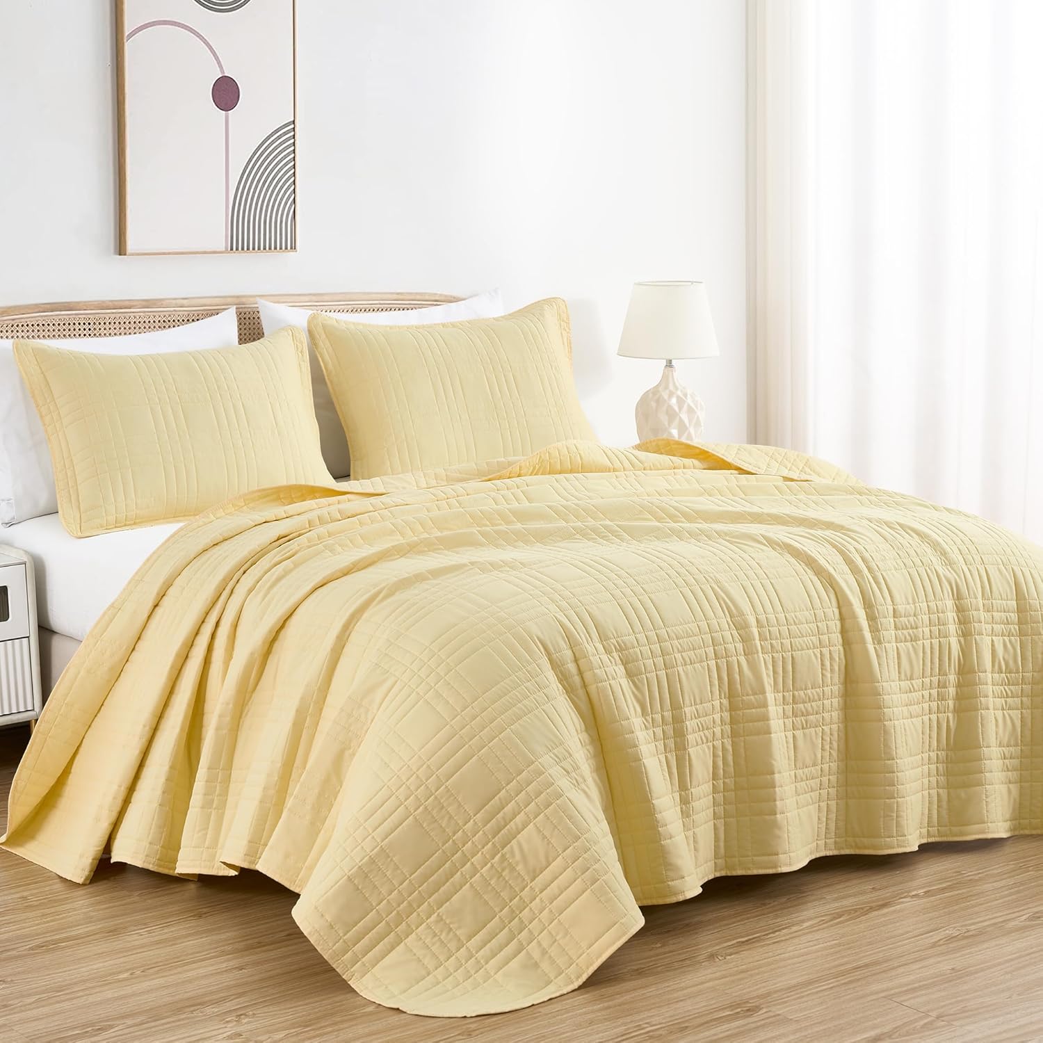 Chezmoi Collection Kingston King Size Bedspread Set, 3-Piece Pastel Yellow Oversized Quilted Microfiber Lightweight Bedspread Coverlet (118"x106") for All Seasons King Pastel Yellow