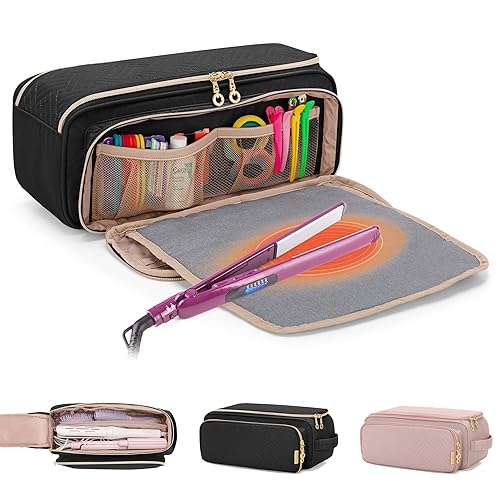 Yarwo Bolsa de viaje para herramientas de cabello con alfombrilla resistente al calor para alisador, rizadorplancha plana, cepillo de