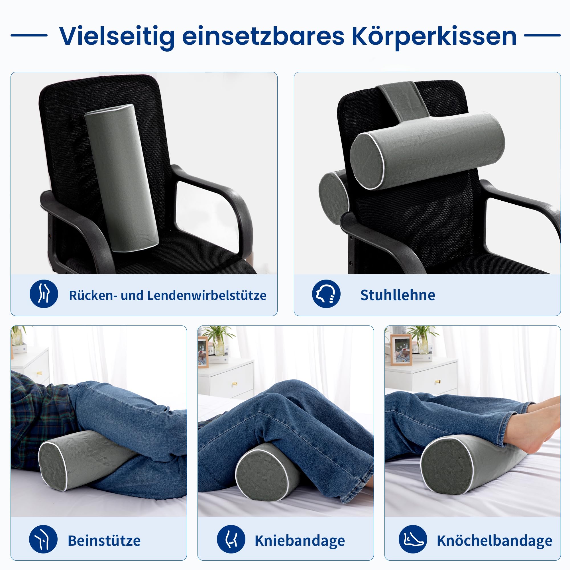 Körperkissen für Seiten- & Rückenschläfer, Zylinder-Lagerungskissen, Rollkissen aus hochdichtem Schaumstoff für Rücken- & Kniesupport, Langkissen für Bett, Lesen & Entspannen