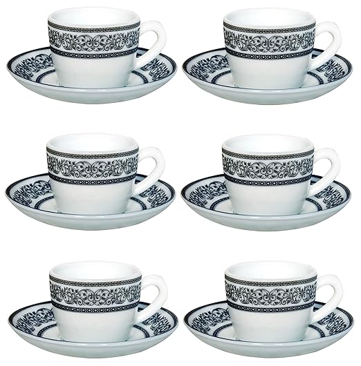 Cello Opalware Solitaire Argento Cup and Saucer Set, 130 ml, 12 Pcs