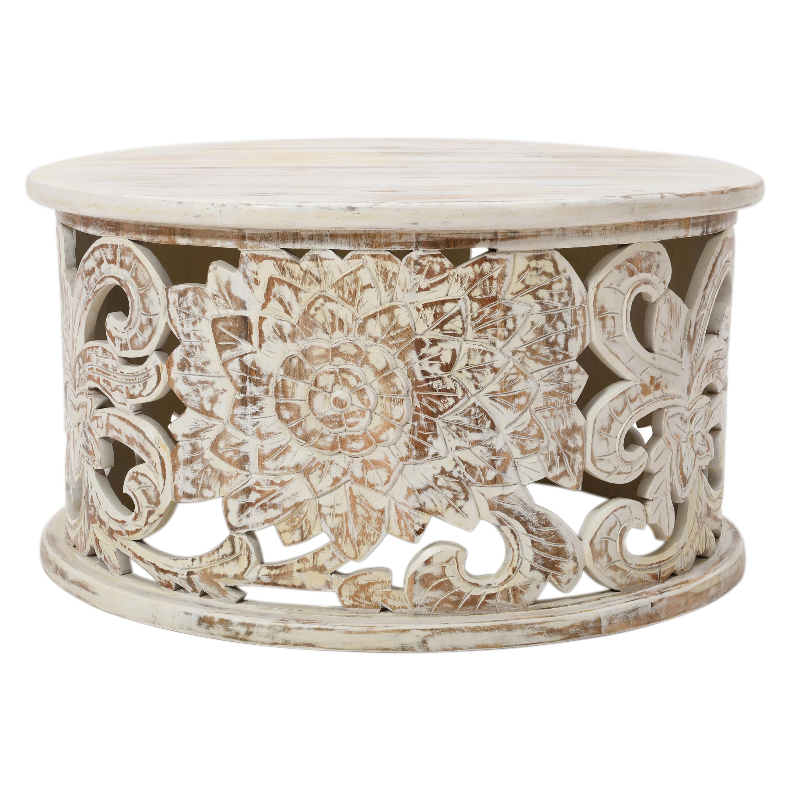 The Urban Port Alina Coffee Table Handcrafted Mango Wood Floral Carved Cut Out Design Distressed White Finish 33 Inch