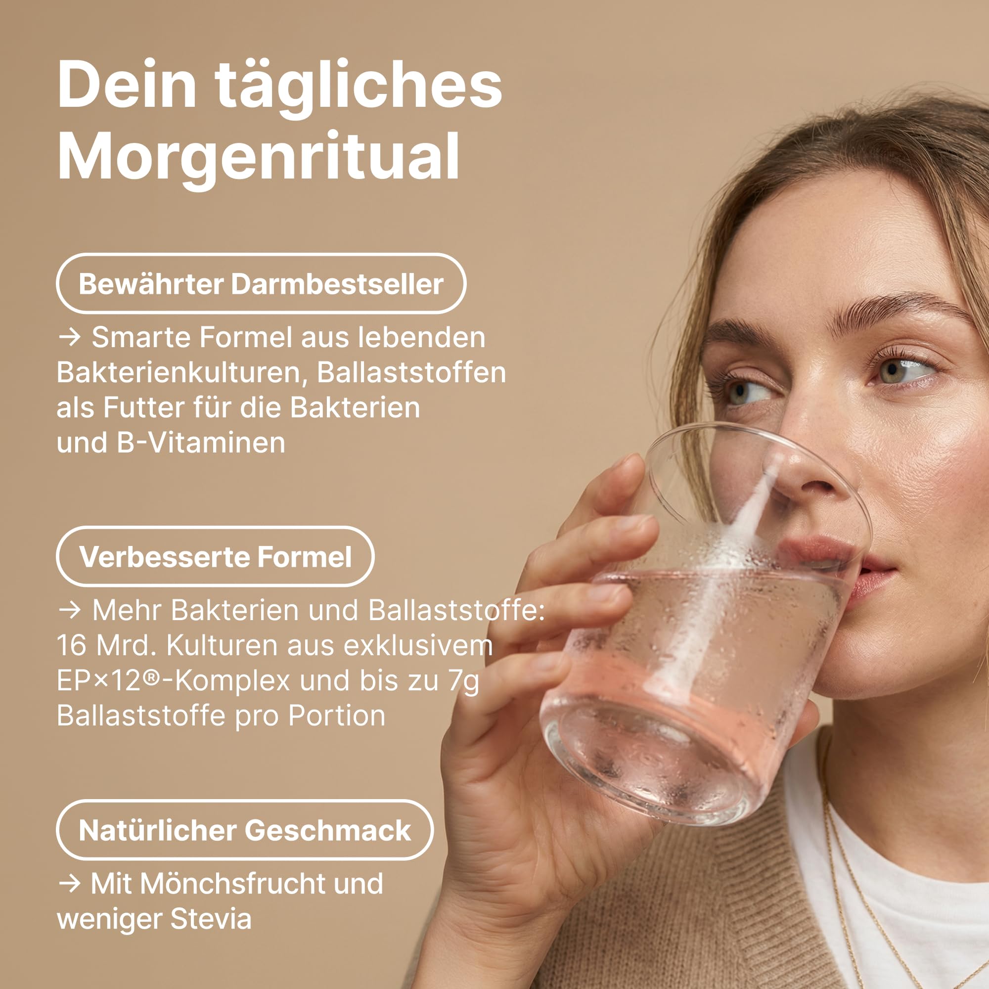 BRAINEFFECT DAILY GUT – Probiotisches Getränkepulver mit 16 Mrd. lebenden Bakterien & 7 g Ballaststoffen pro Portion, mit Vitamin B1, B2, B6 & B12, Erdbeergeschmack – 240 g