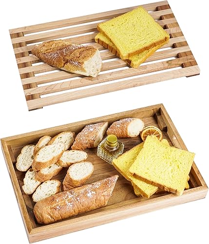 Tabla de cortar pan de madera con rebanadora, bandeja para migas y soporte, bandeja para servir para cocina, diseño de combinación de colores, para