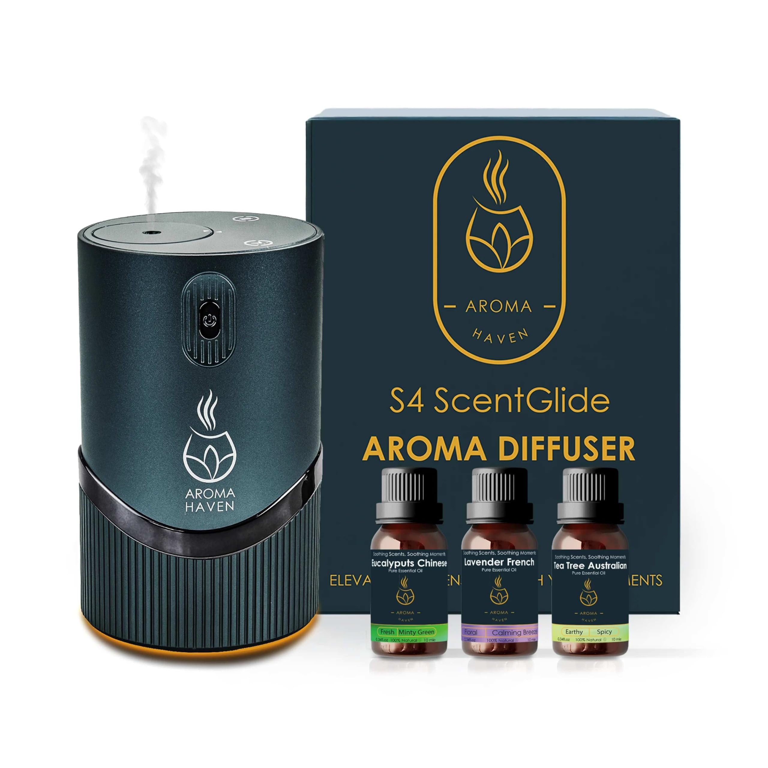Aroma Haven Mint Grey, Black S4 Scentglide Waterless Diffuser With Oils Set | Portable Rechargeable Essential Oil Nebulizer | Home, Office, Car Aromatherapy | Mint Grey (S4 Mint Grey With Essential Oil Set)