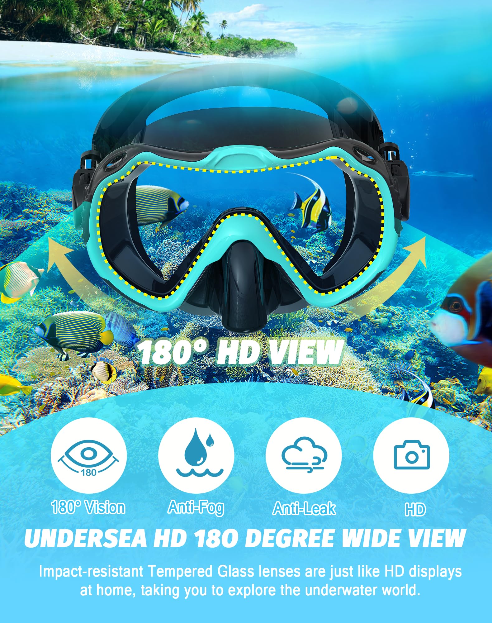 Sprzęt do nurkowania dla dorosłych, zestaw masek do snorkelingu 180°, panoramiczny widok sprzęt do nurkowania, 100% silikon klasy spożywczej, przeciwmgielna, przeciw wyciekom, sucha maska do