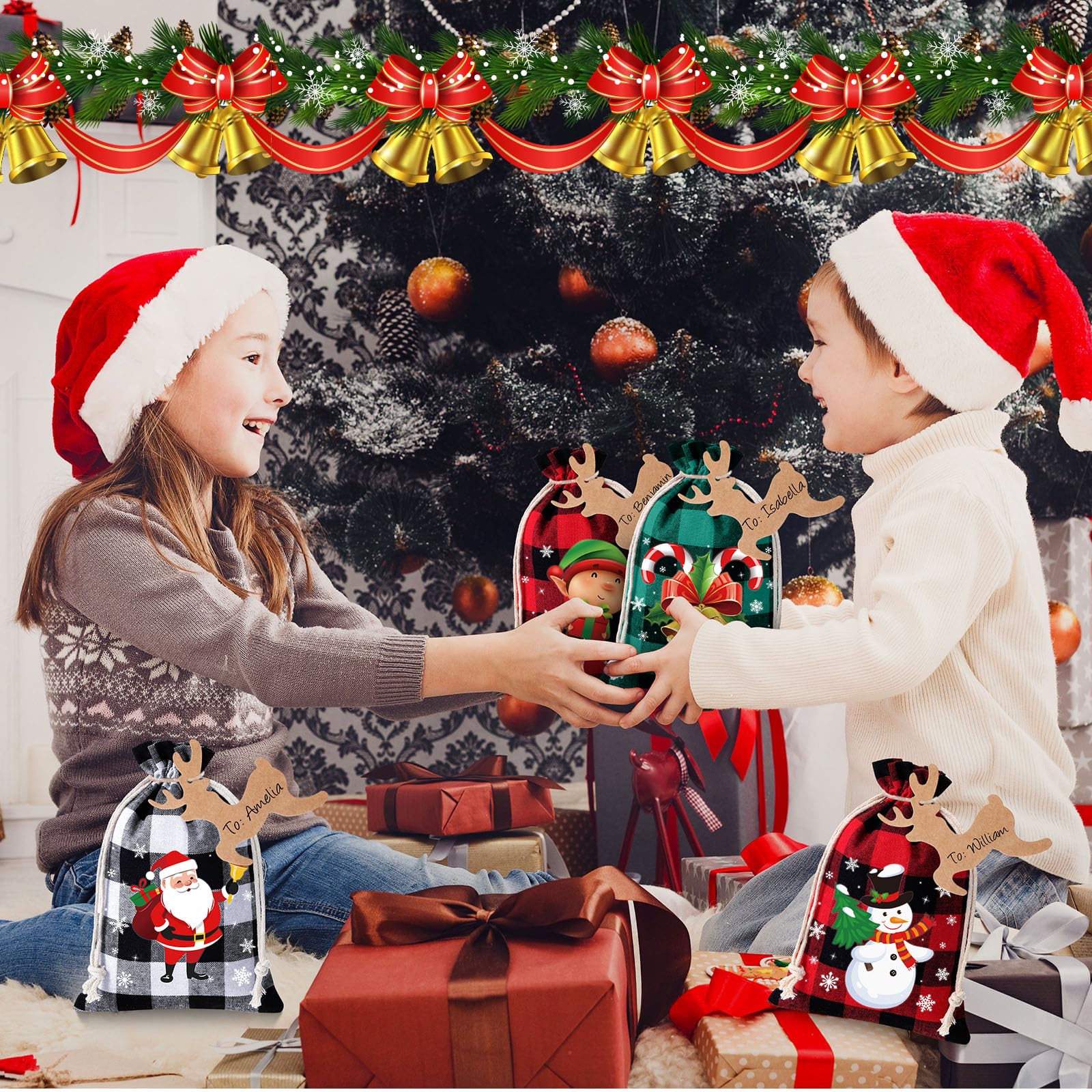Shappy Lot de 24 sacs cadeaux de Noël en toile de jute avec cordons de serrage - Petits sacs cadeaux de Noël pour Noël, vacances, Nouvel An, fournitures de fête (25,4 x 20,3 cm, style élégant)