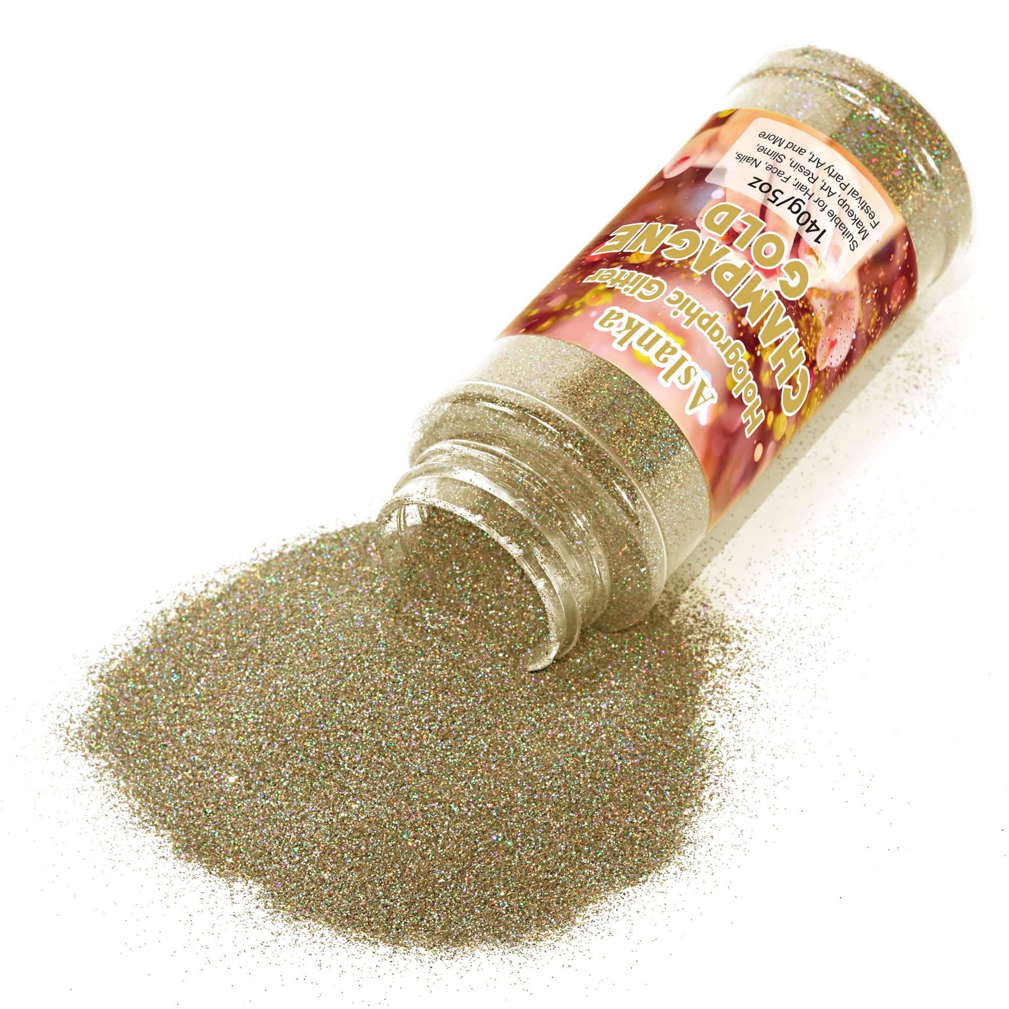 Aslanka 140 g de poudre pailletée holographique - Doré champagne - Poudre pailletée multicolore arc-en-ciel - Manucure, résine époxy, fard à paupières, visage, bricolage, bricolage
