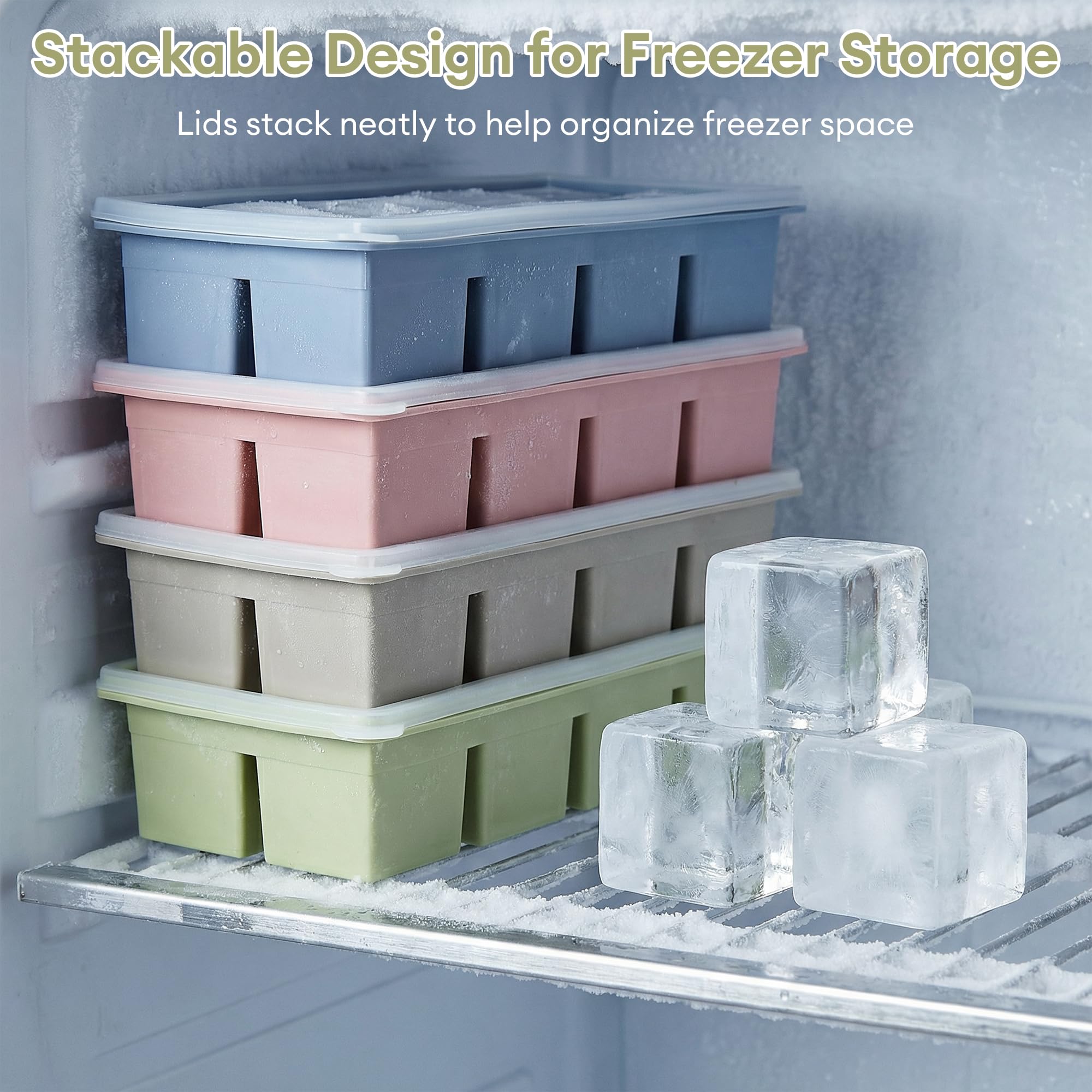 4 Pack Large Silicone Ice Cube Trays for Whiskey Easy Release 2 inch Cube Ice Trays for Cocktail Whisky Stackable Ice Cube Trays for Freezer with Leak Proof Removable Lid(4 Colors) - Image 5