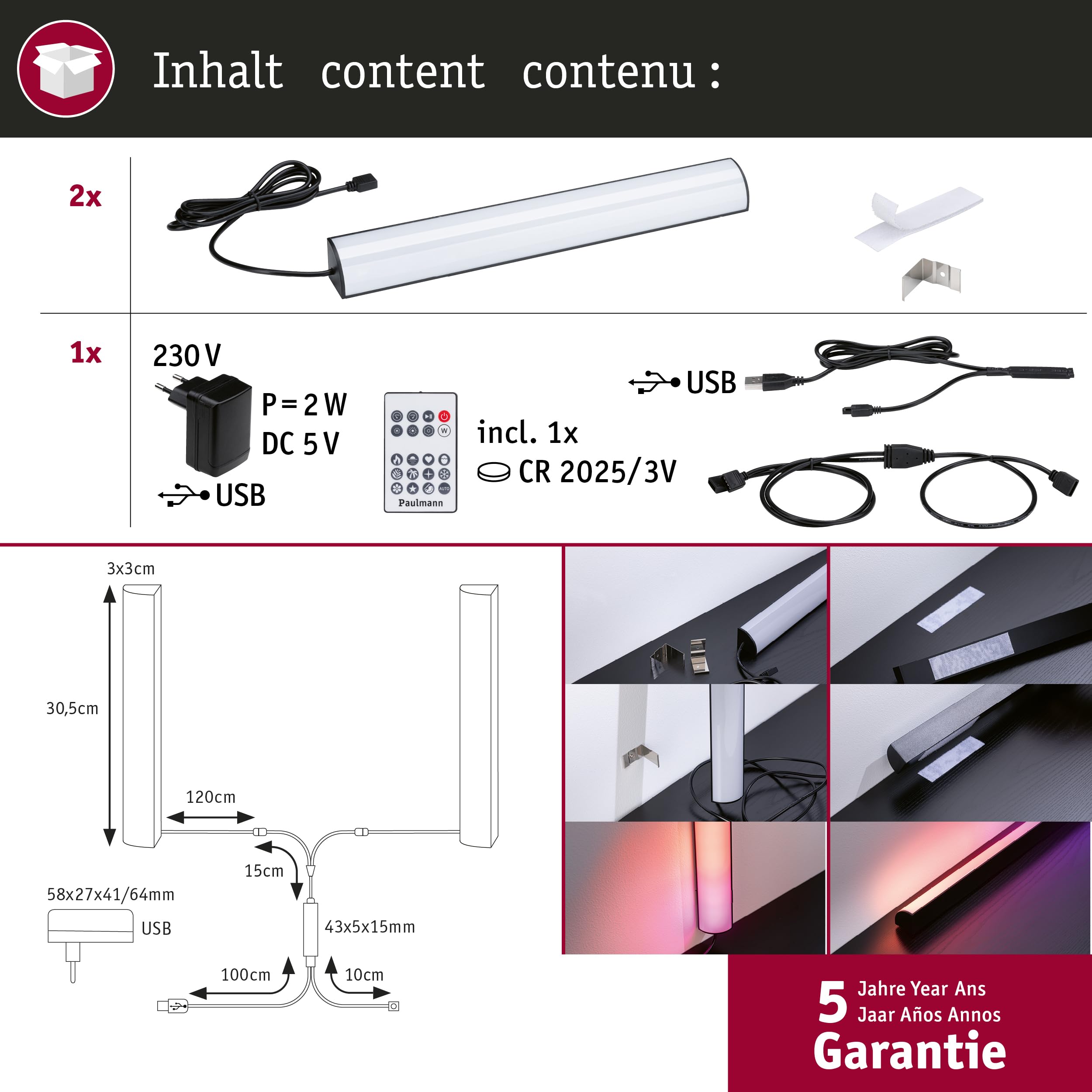 Paulmann 78878 EntertainLED Barre lumineuse LED RVB à intensité variable 2 x 0,6 W 2 x 24 lm RVB