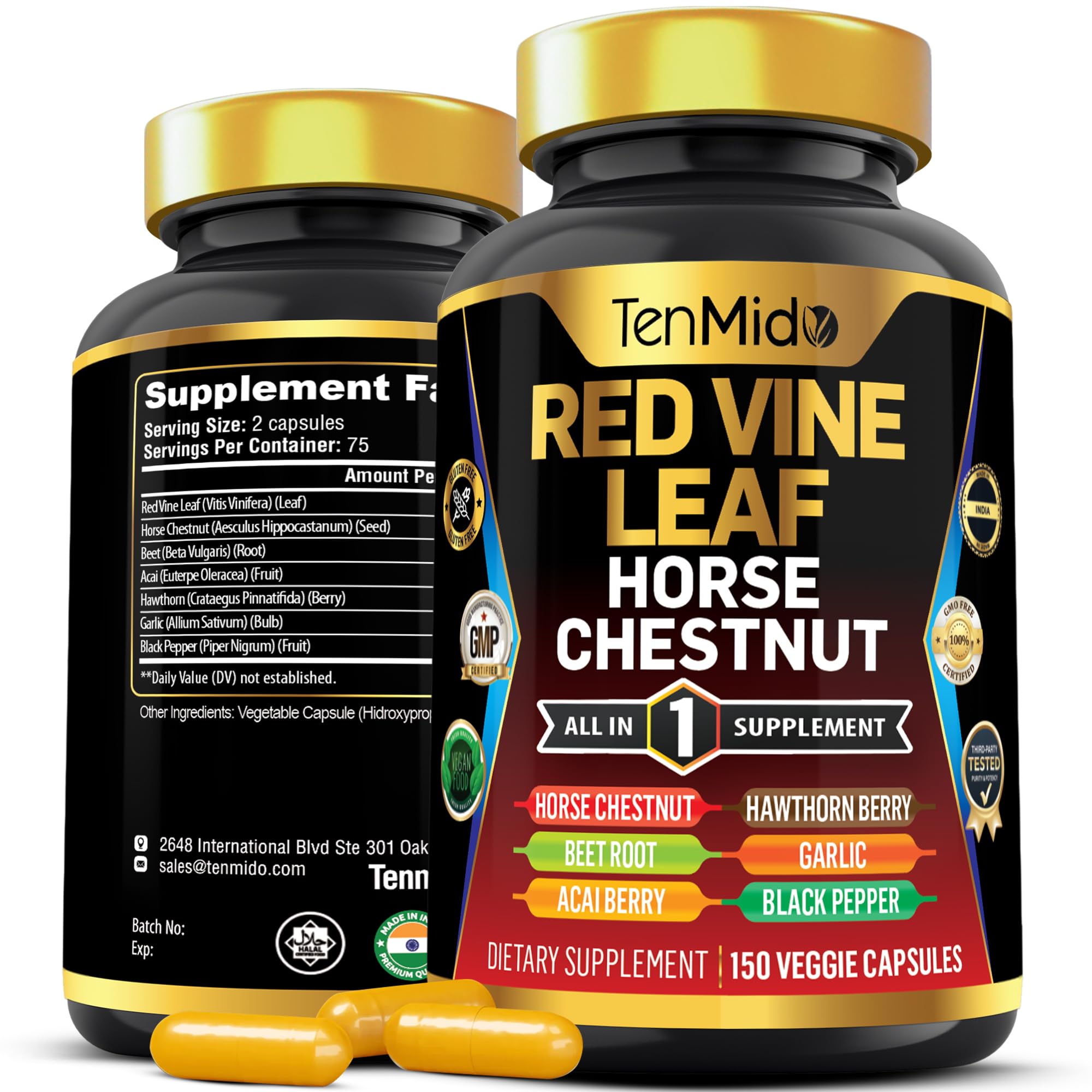 Red Vine Leaf Extract Supplement - 7in1 Formula - Combine with Horse Chestnut, Beet Root, Acai Berry, Hawthorn Berry, Garlic, and Black Pepper - 150 Capsules for 75 Days Supply