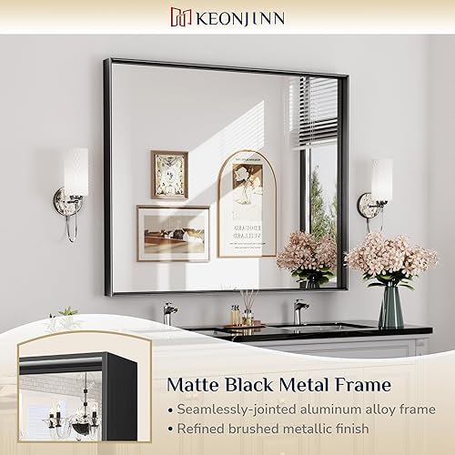 Miniatura 15 de Keonjinn Espejo de baño dorado de 48 x 36 pulgadas, espejo rectangular con marco de metal dorado cepillado, espejo de pared grande rectangular