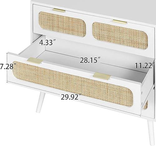 Miniatura 6 de QEIUZON Cómoda de 3 cajones, cómoda moderna de ratán con cajones anchos y asas de metal, cómoda de almacenamiento de madera de granja para