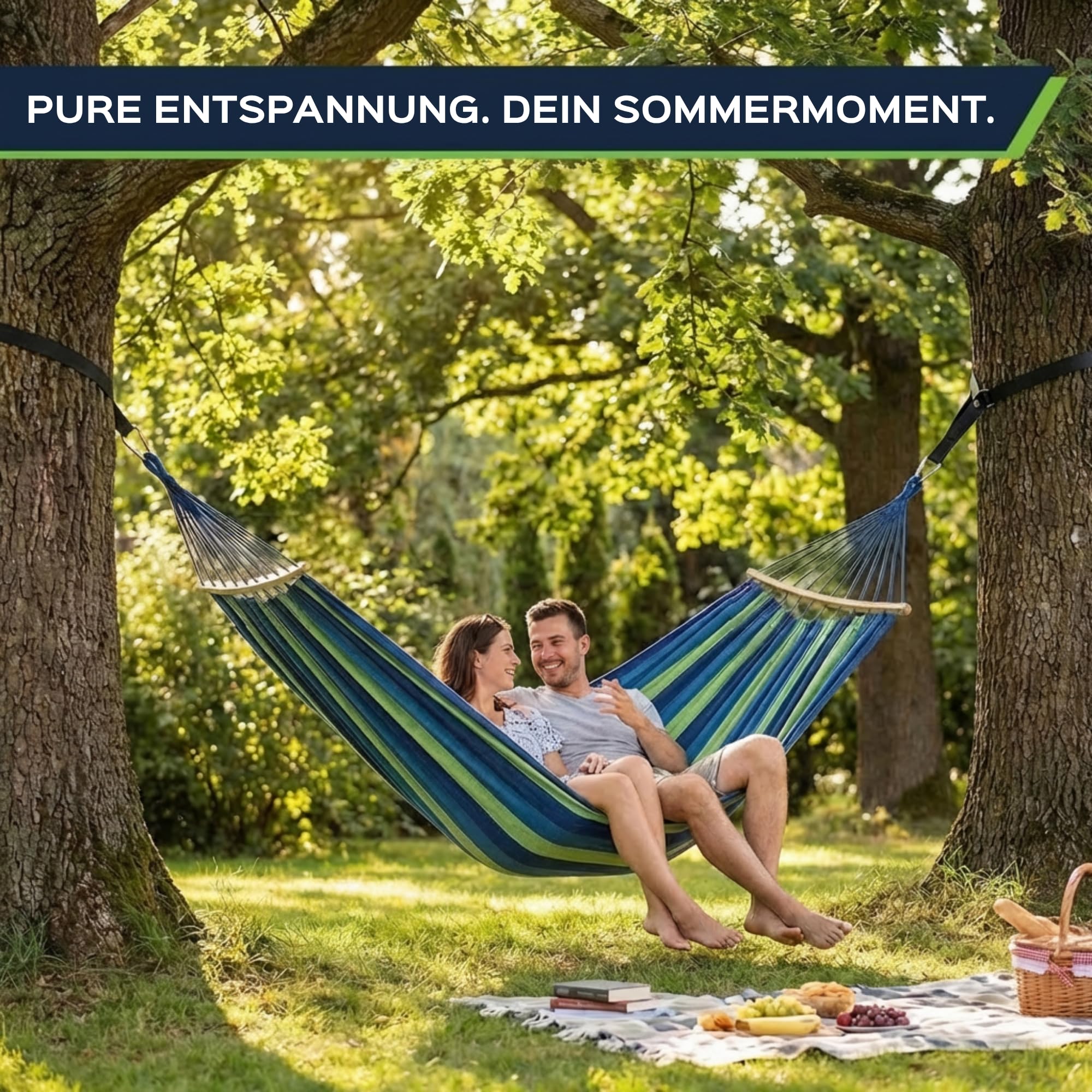 UNBOX Hängematte Outdoor Baumwolle mit Holzstange - 250x180cm, Tragkraft 300kg, mit Baumfreundlichen Gurten & Tragetasche - Ideal für Garten, Camping, Balkon & Terrasse