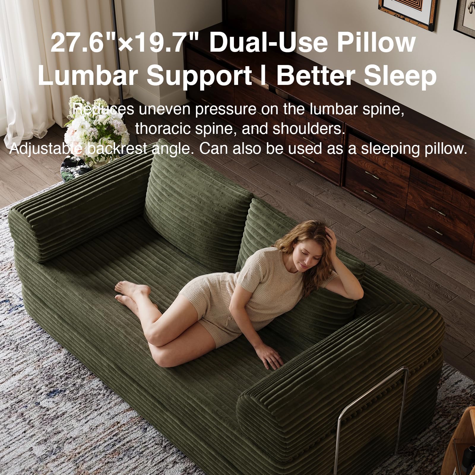 Novilla 75" Convertible Futon Sofa Bed, Boneless Couch with Smarts Coil® Support & High-Density Foam, No Assembly Corduroy Folding Loveseat Floor Sleeper for Living Room, Apartment, Bedroom, Green