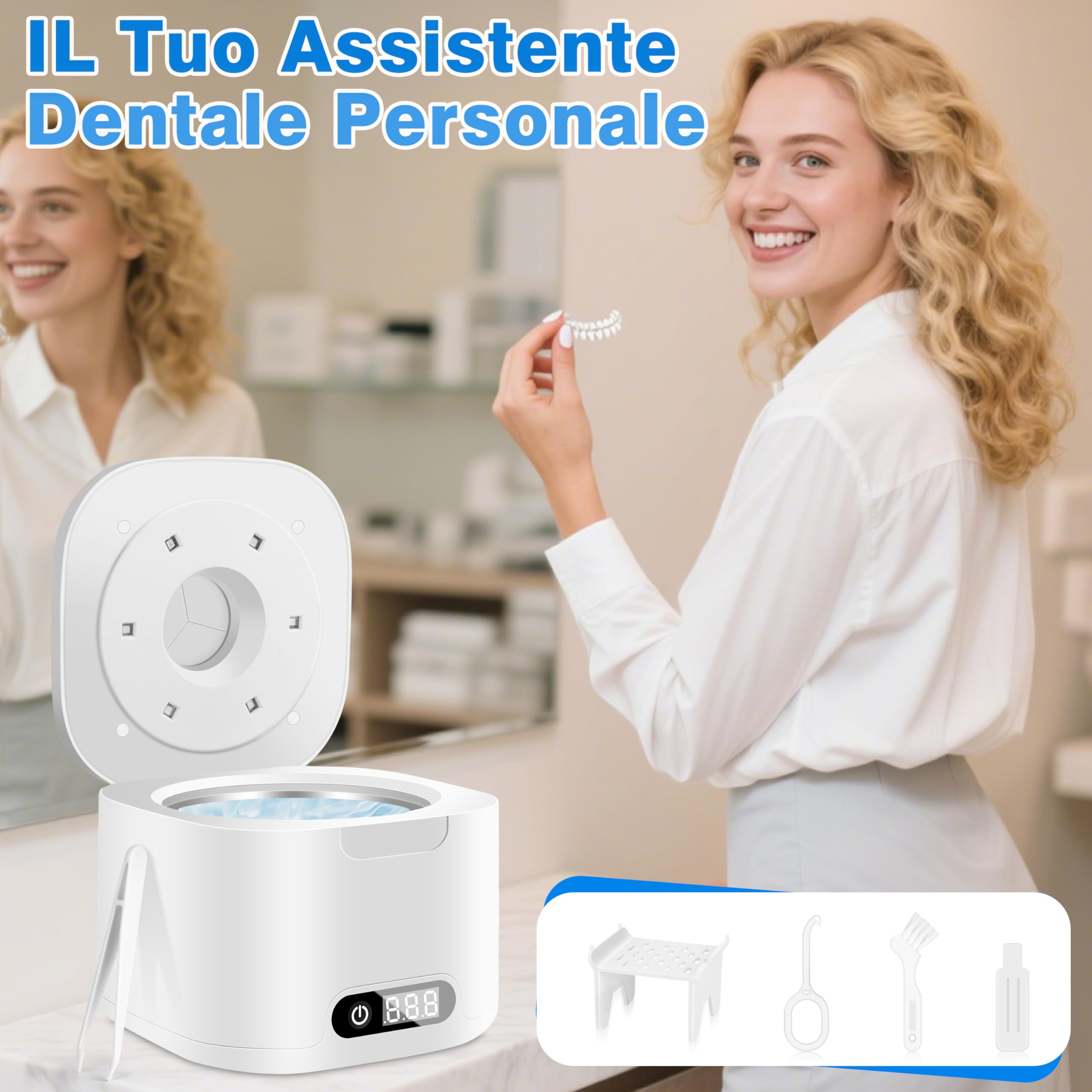 Charmofun Pulitore Ultrasuoni 49000Hz, 340ML Pulitore Ultrasuoni Apparecchio Denti con Luce UV, Ultrasonic Cleaner con 4 Modalità Temporali, Lavatrice Ultrasuoni per Bite, Protesi dentali, Orologi, Gi