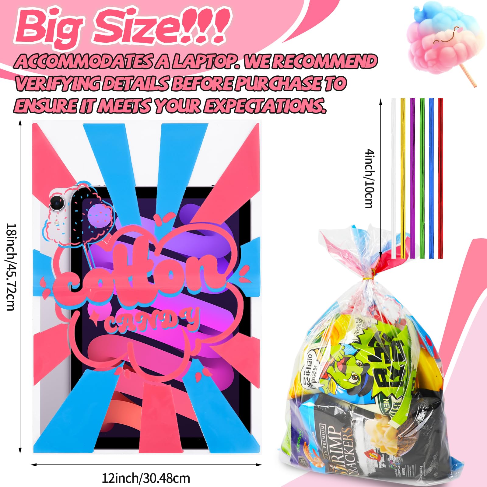 Bolsas de algodón de azúcar con lazos, suministros de algodón de azúcar para circo, carnaval, fiesta de cumpleaños, recuerdos de 12 x 18 unidades, 50 unidades