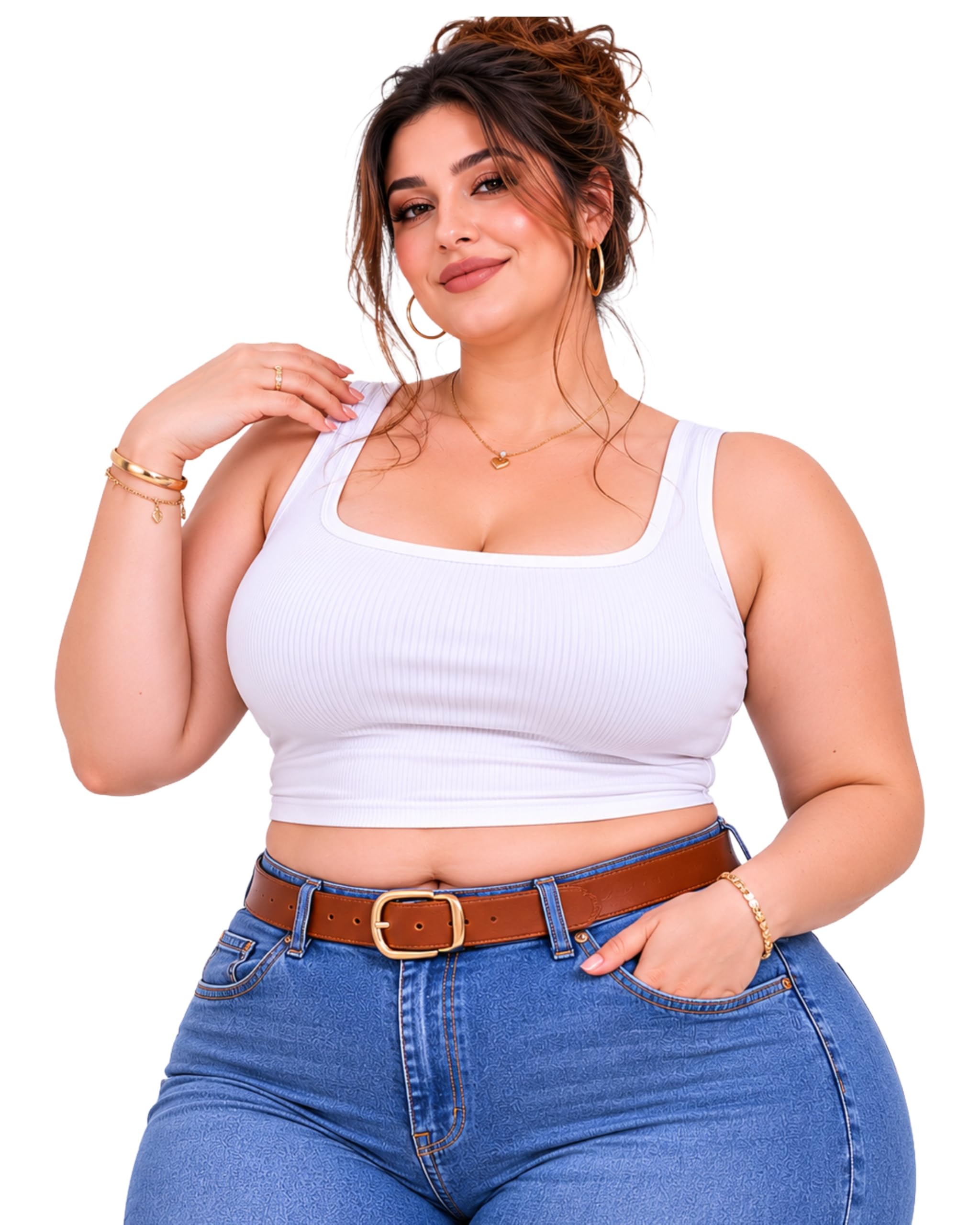 Women's Plus Size Ribbed Crop Tank Top, Square Neck, Sleeveless-picture-55
