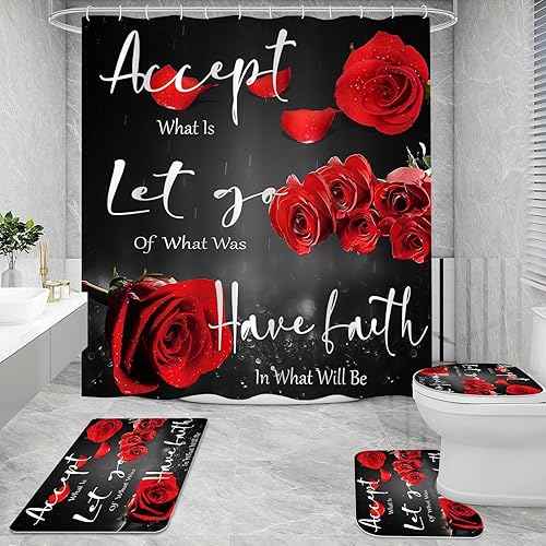 Miniatura 2 de Juego de 4 cortinas de ducha de rosas rojas con alfombra antideslizante, cubierta para tapa de inodoro y tapete de baño, Thankful Grateful Blessed