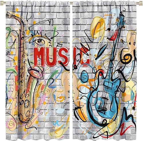Cortinas musicales para habitación de niños, adolescentes y niños, decoración de pared de ladrillo, coloridas notas musicales, guitarra, opacas,