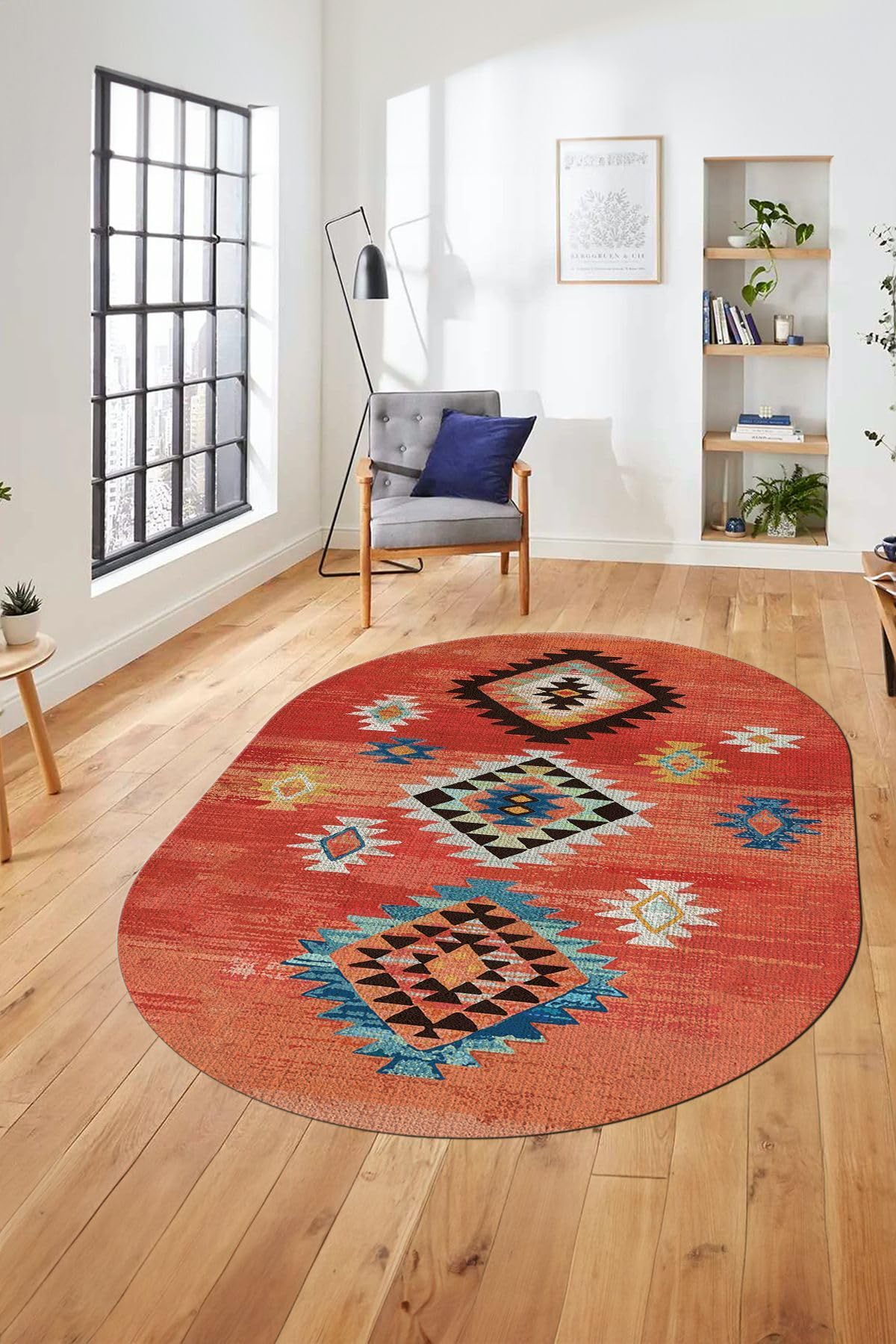 Evdeya Dijital Baskılı Kaymaz Taban Yıkanabilir Etnik Desenli Oval Mutfak Salon Halısı O-ETNİK-01, Kırmızı, 40 x 60