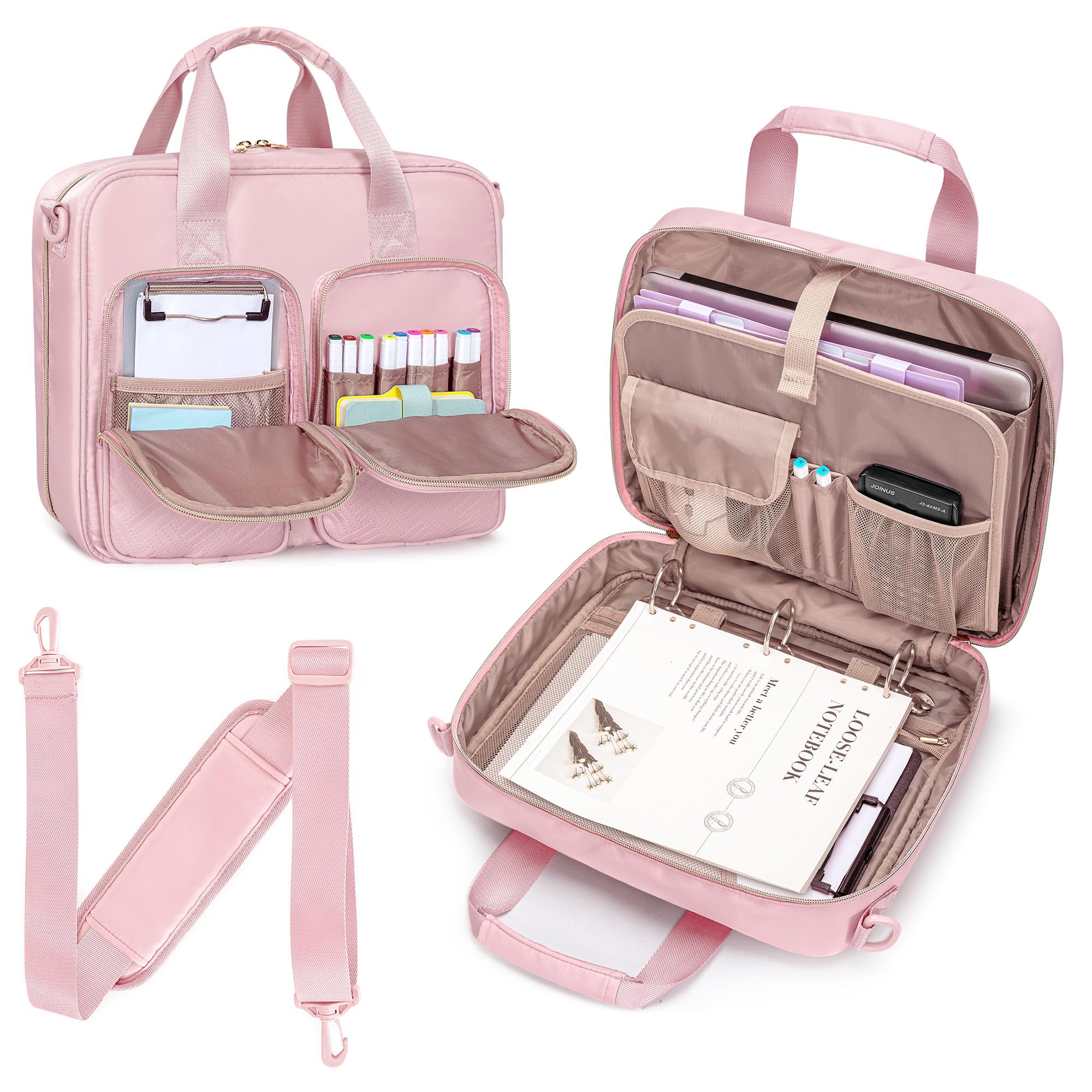 Raccoglitore ad Anelli con Cerniera a 3 Anelli, Borsa Organizer da 2 Pollici con Tracolla Adatta a Laptop da 13 Pollici e 500 Fogli, Rose (Solo Borsa Vuota)