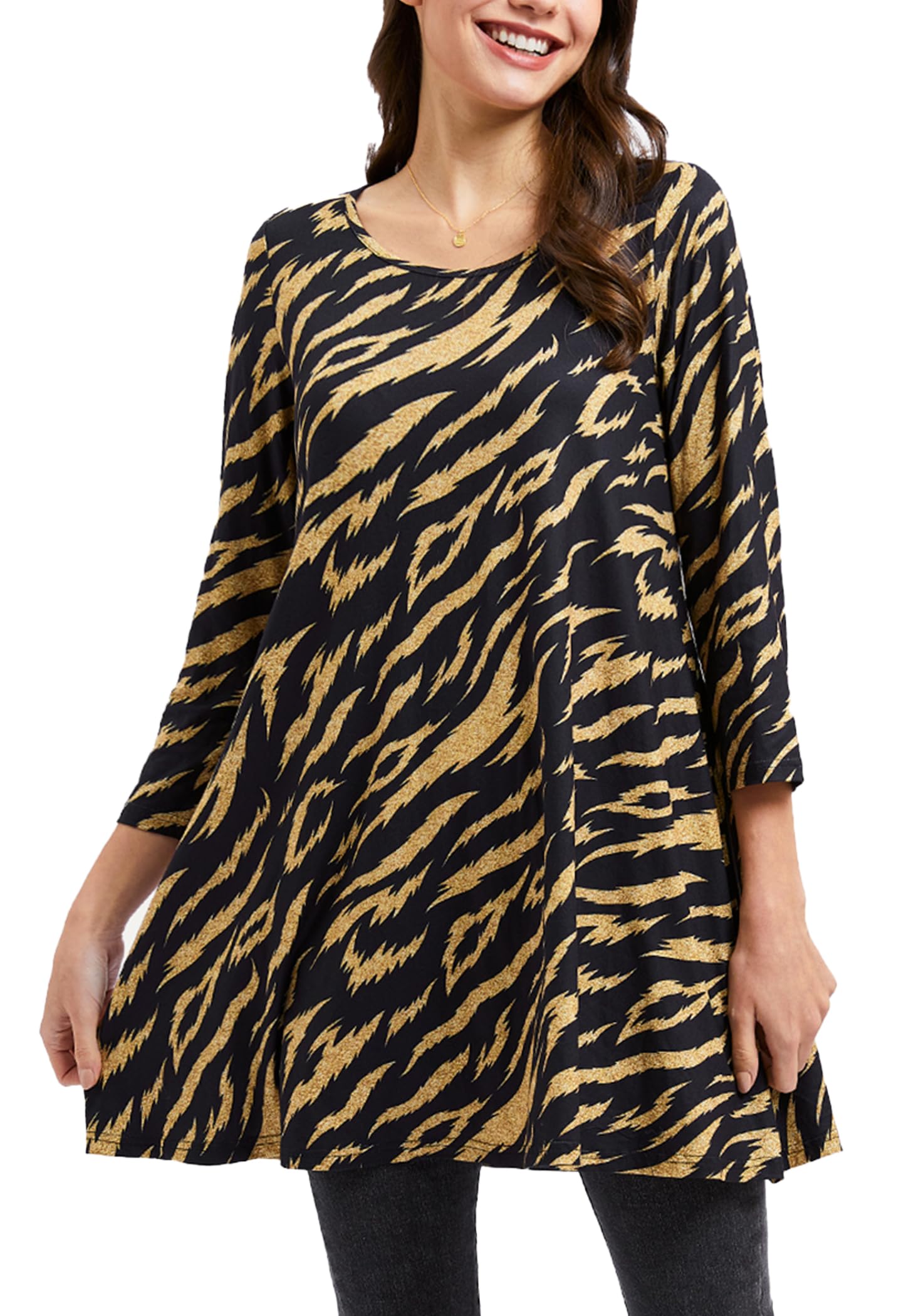 ENMAIN Tunic Tops for Women 3/4 Sleeve Plus Size Women's Tunics Loose Fit Floral Swing Flare Ladies Blouse for Leggings