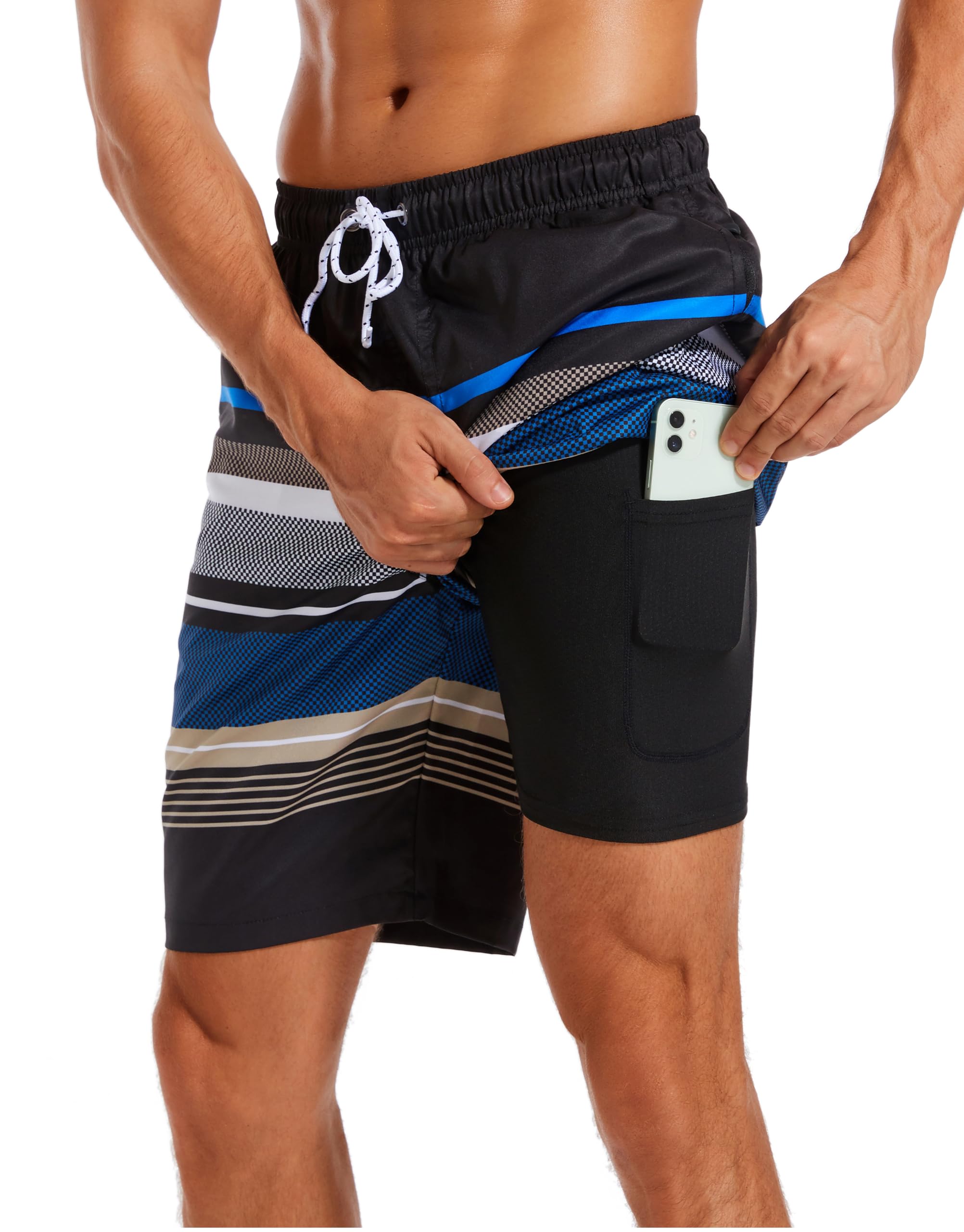 Mens Swim Trunks with Compression Liner Quick Dry Bathing Suits Shorts with Zipper Pockets, A/ Black & Blue & White Stripe, XL-image-8