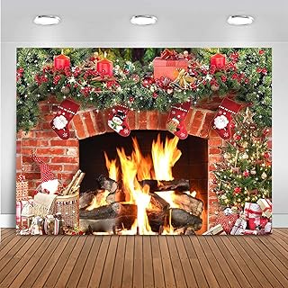 Mocsicka Burning Fireplace Backdrop Merry Christmas Fireplace Tree Gifts Socks Decoration Photography Background Picture for Children Family Holiday Party Supplies Cake Table Banner (7x5ft)