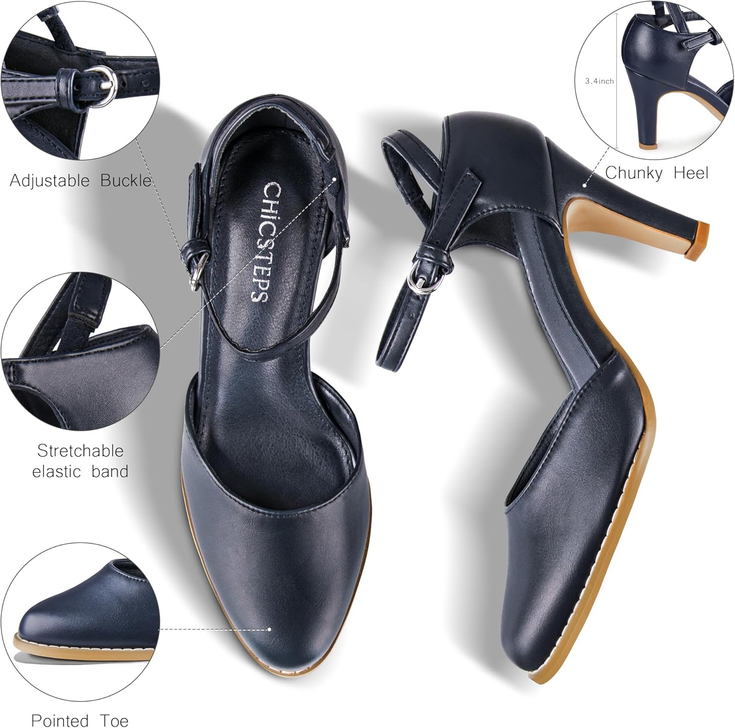 Womens Chunky High Heels Closed Toe Ankle Strap Pumps Vintage Shoes - Image 5