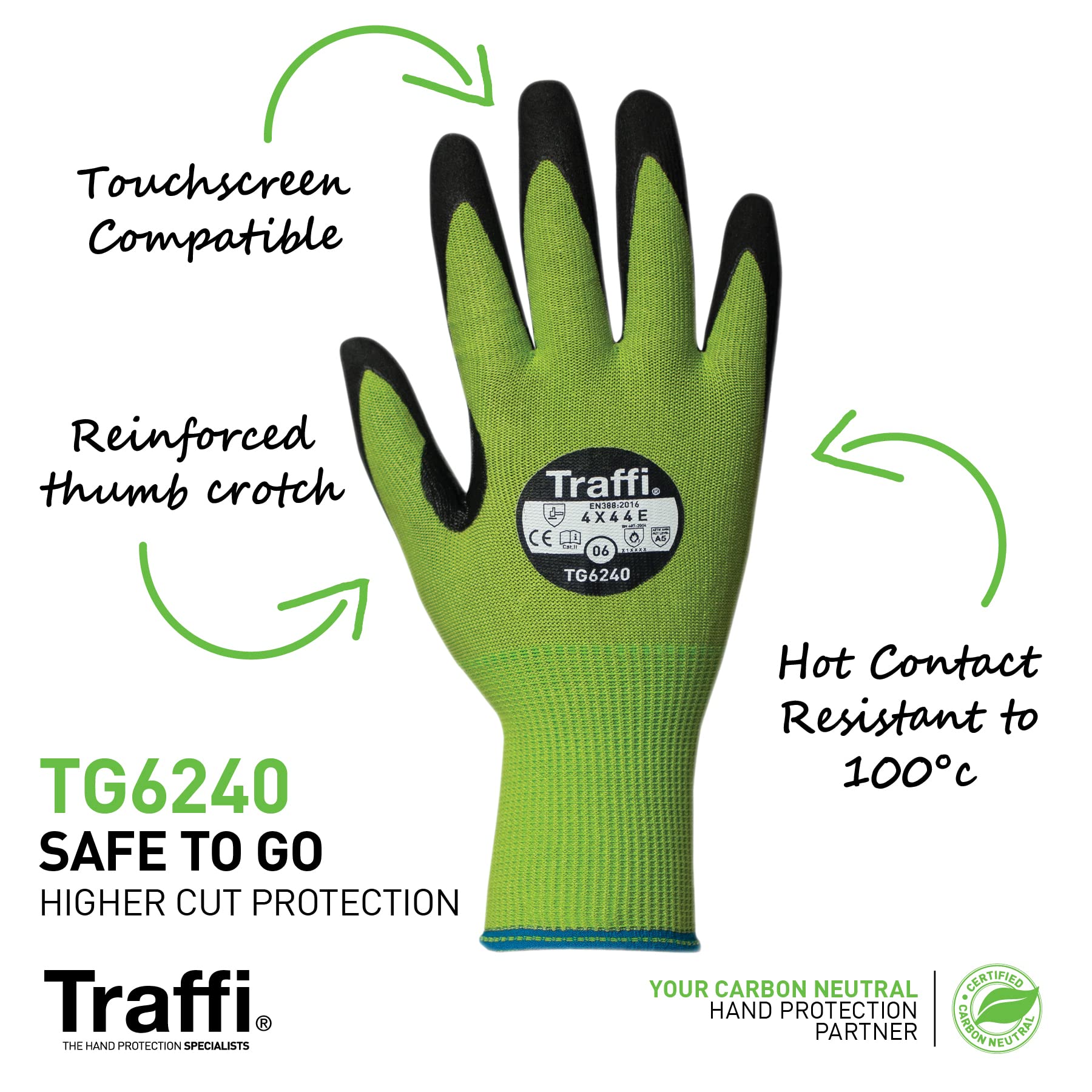 Traffi TG6240 Microdex - Guantes de nitrilo (nivel E, 8 tamaños, 10 unidades), color verde