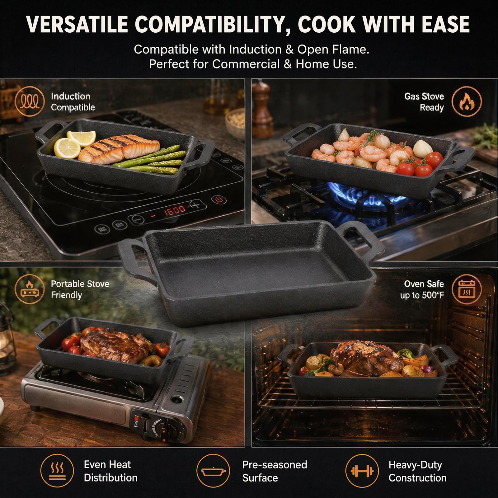 FARYODI Padella in ghisa a induzione, 24 x 17 cm, per bistecca per forno, barbecue a gas, griglia a carbonella, rettangolare con 2 manici, adatta per forno a induzione a gas, ceramica e campeggio