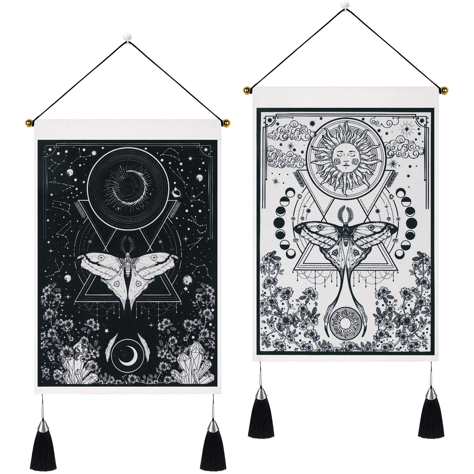 Lyacmy Pack of 2 Tapestry Sun and Moon Tapestry Moth Tapestries Black and White Tapestry Flower Vine Tapestry Wall Hanging for Room (13.8 x 19.7 inches)