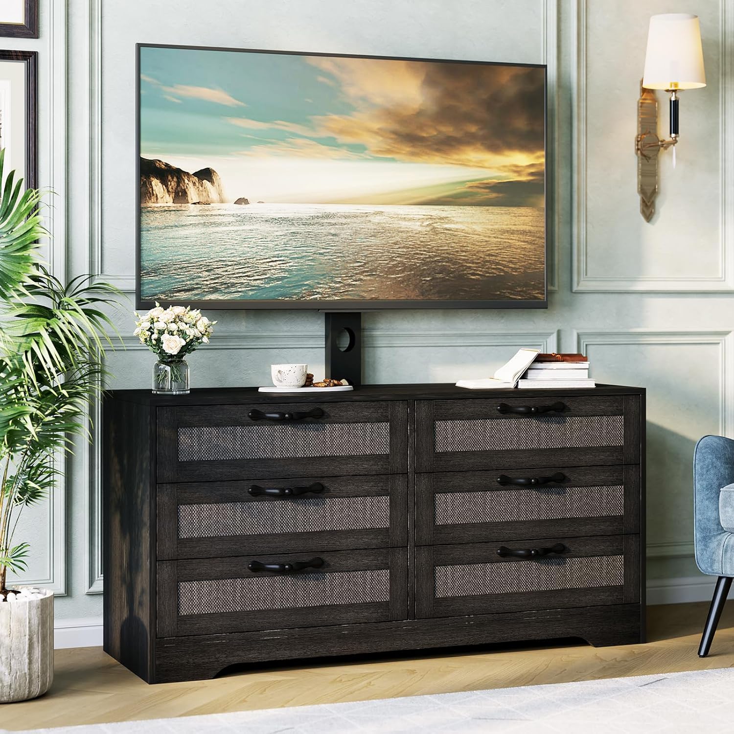 Close-up images highlighting the construction quality and features of the TV stand