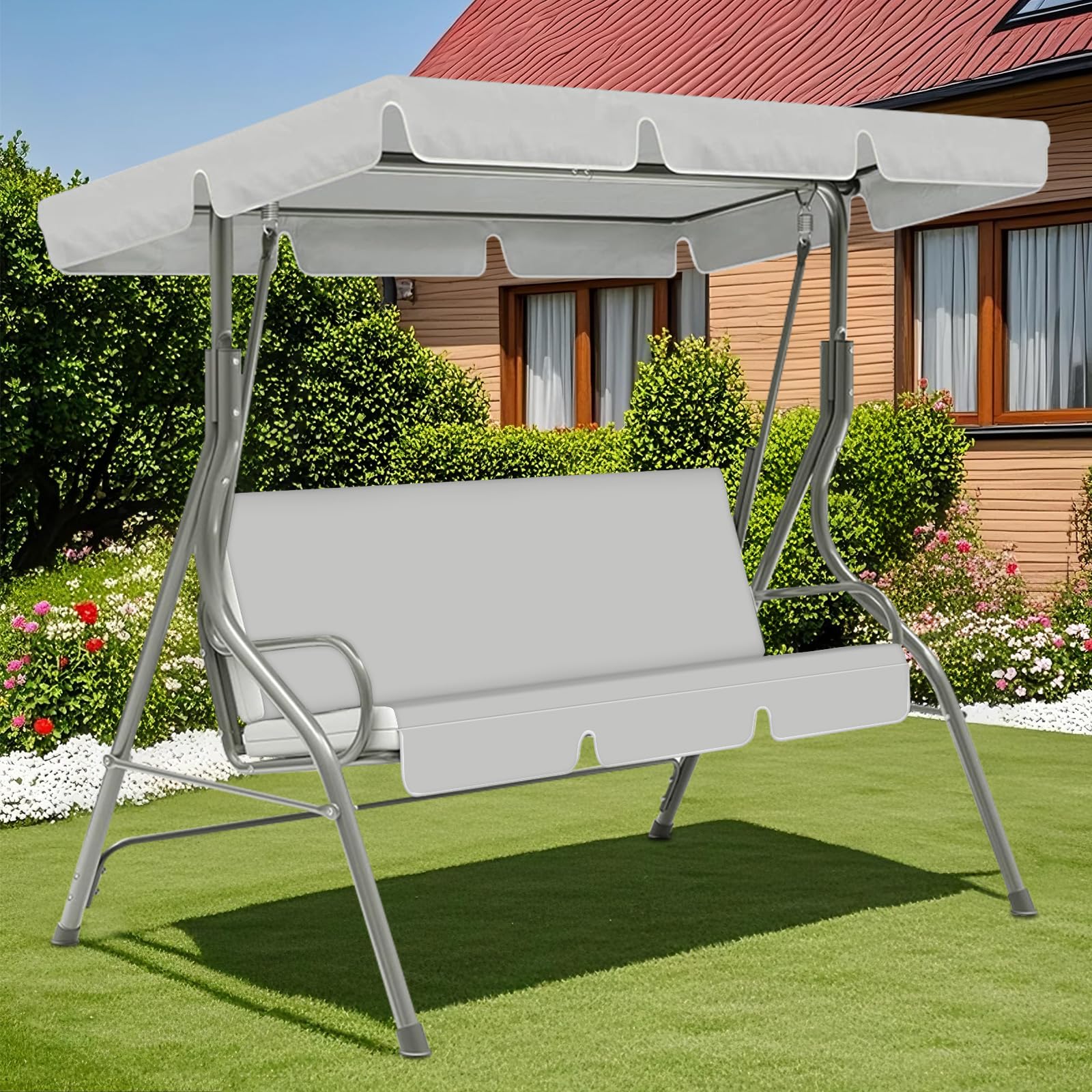ZYBSLCSY Swing Chair Canopy Replacement and Garden Swing Seat Cover Fit for 2 3 Seater, Waterproof Hammock Canopy Top Cover Windproof Anti-Uv Heavy Duty Rip Proof (Silver Grey,B+G)