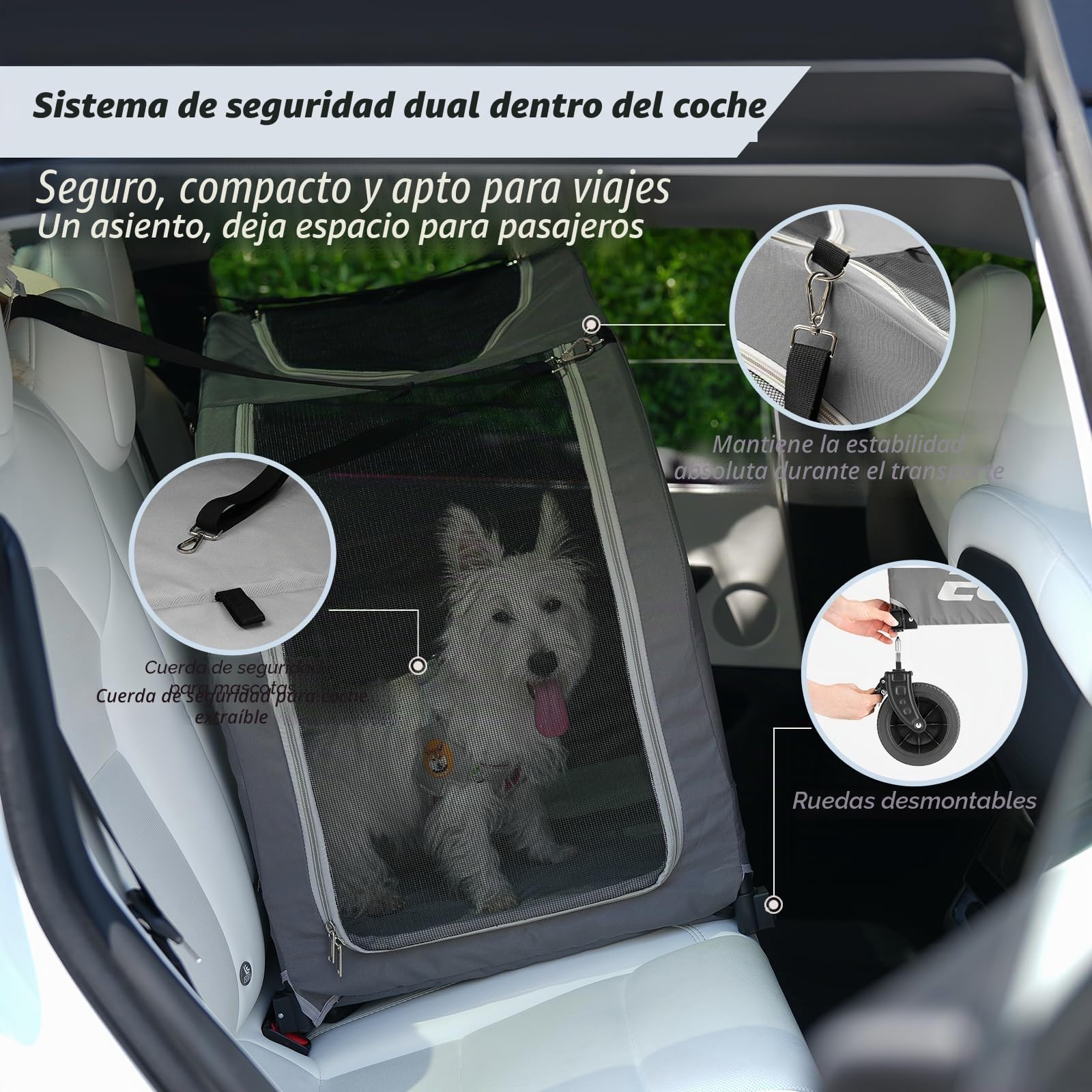EchoSmile Carrito para Perros pequeños y medianos 20 kg, Carro Perro Plegable, Todoterreno con Doble Freno, Cinturones de Seguridad y Ventanas de Malla, Gris