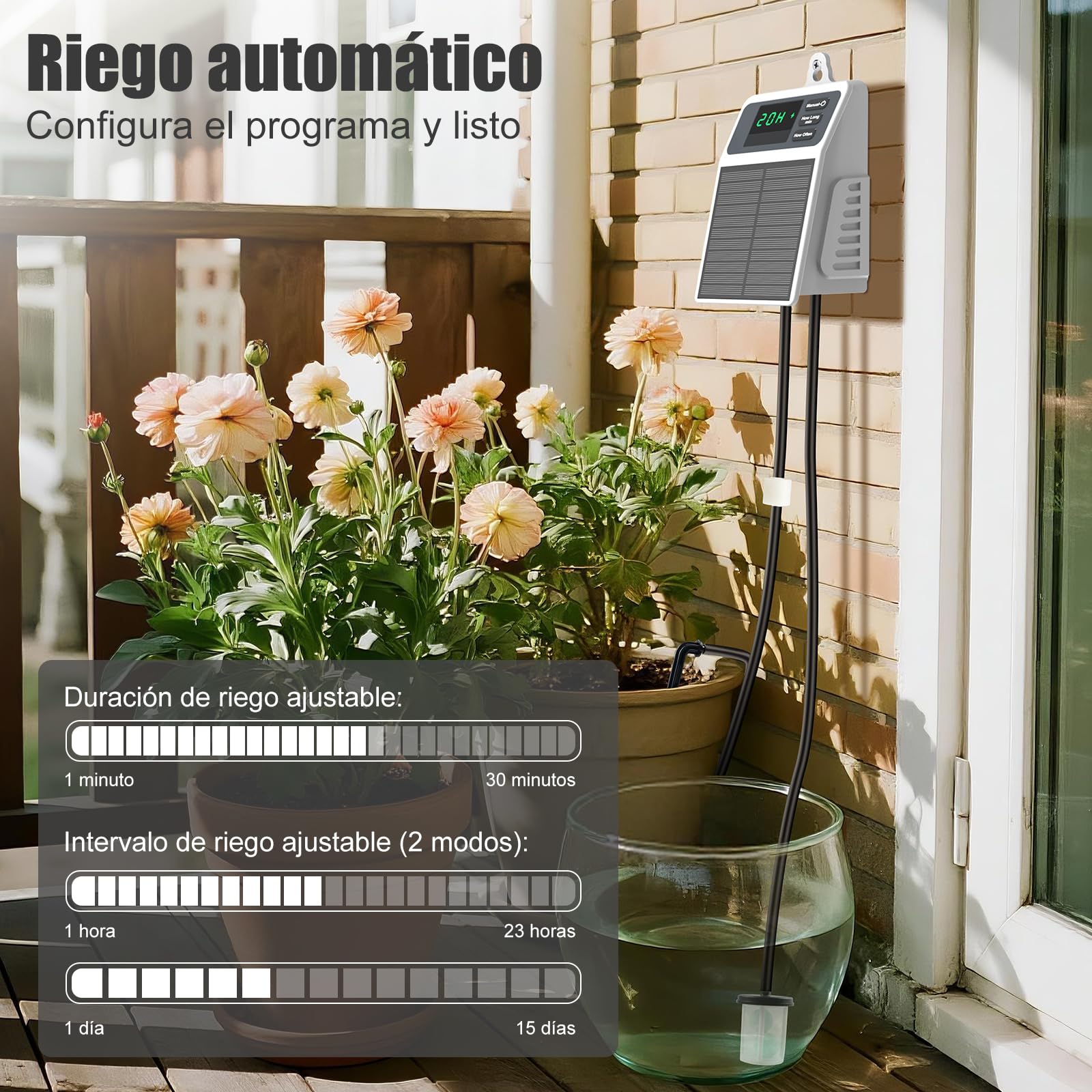 Uzoli SOP17 Sistema de riego solar para jardín con batería de 2200 mAh | Riego por goteo con tubo de 10 m, Riego automático para balcón, bancal elevado, invernadero y plantas en maceta, IPX5