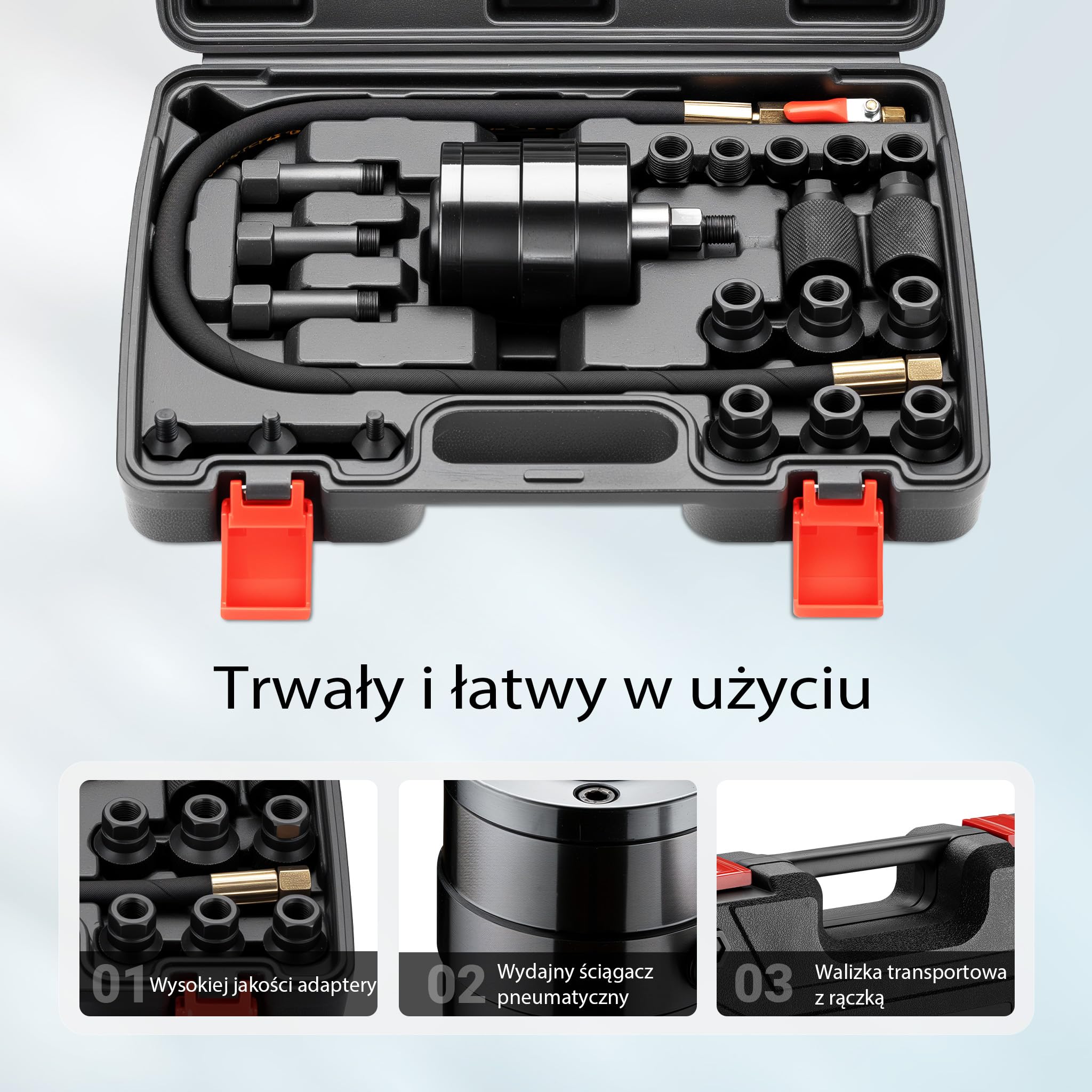 Wiltec Zestaw pneumatycznych ściągaczy do wtryskiwaczy 21-częściowy, kompatybilny z większością pojazdów, w walizce