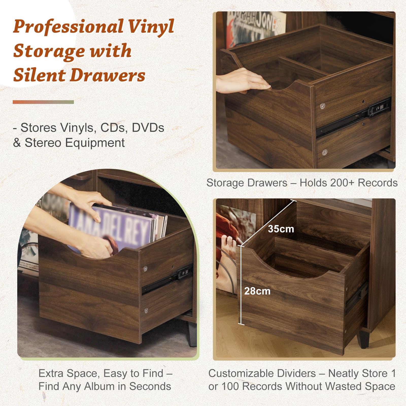 Bikoney Mobile Vinili - Mobiletto per Giradischi con Espositore Album | Supporto per giradischi e casse con 1 cassetto. Mobile TV retrò e credenza per dischi in legno.