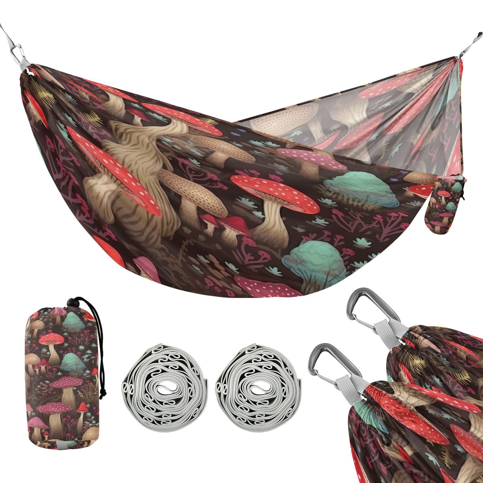 SDMKA Colorful Mushrooms Camping Hammock, 330 lbs with 2 Tree Straps, Carry Bag, Single Portable Hammock for Outdoor/Indoor, Hiking, Beach, Backpacking, Travel