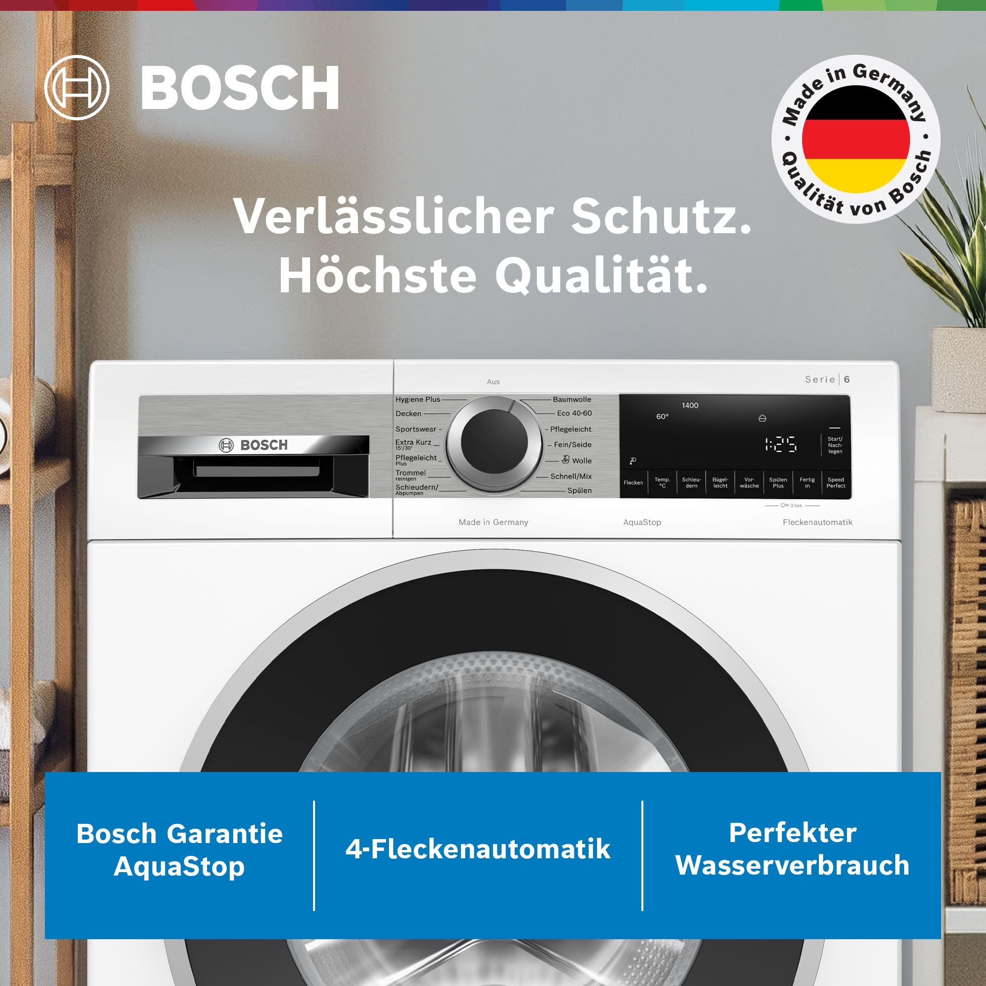 Bosch Serie 6 Frontlader Waschmaschine 9 kg 1400 UpM Weiß Active Water Plus AquaStop