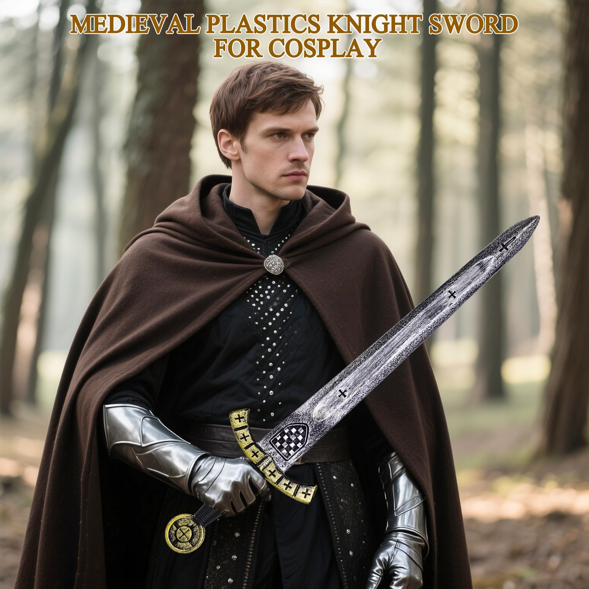 Vifcotlyp 61cm Knight Toy Sword, Plastic Roman Medieval Crusader Sword Warrior Costume Accessories for Halloween Cosplay (1 PCS) Gold - Image 3