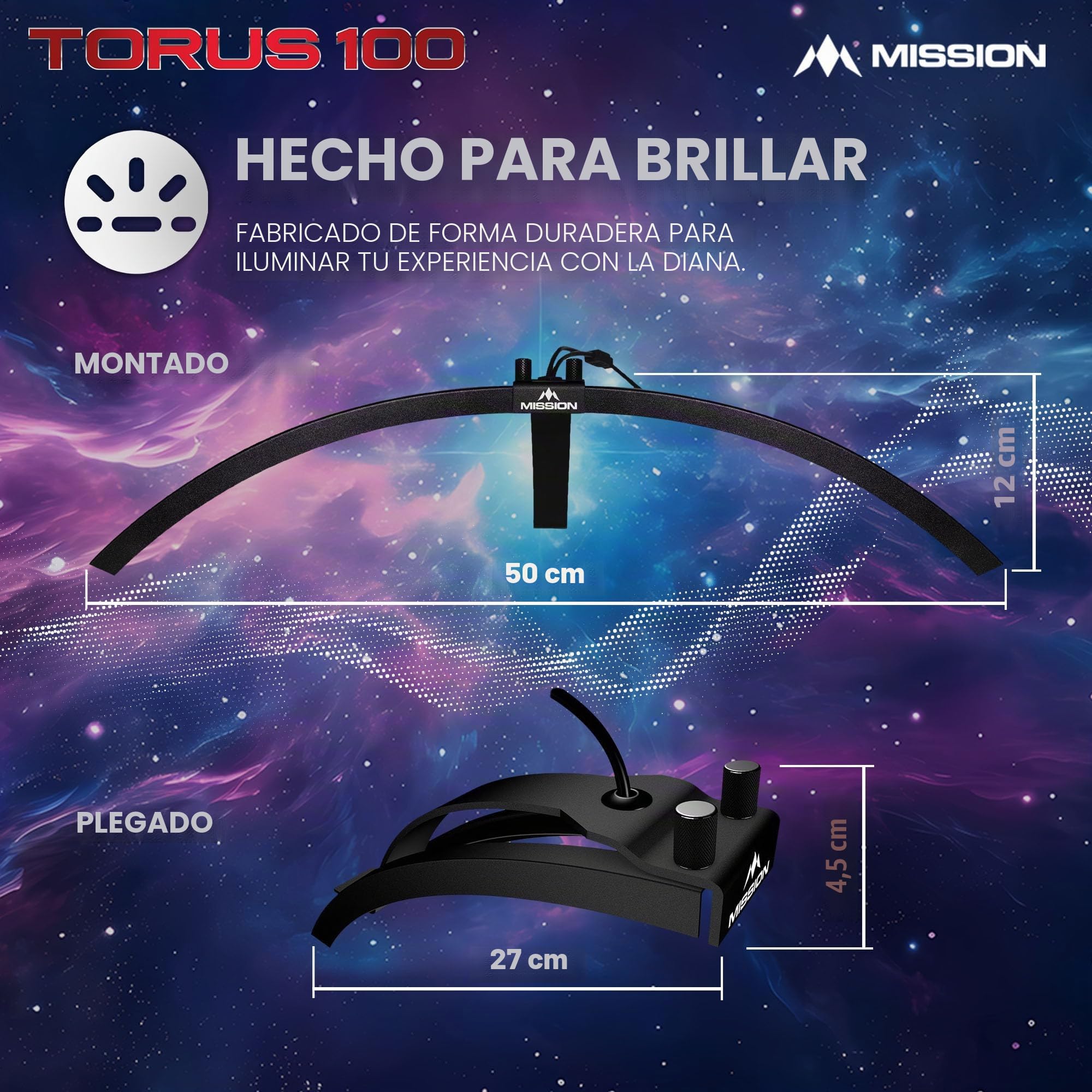 Mission Darts TOR100 Torus 100 | Tablero de Dardos LED Plegable portátil Sistema de iluminación de Viaje