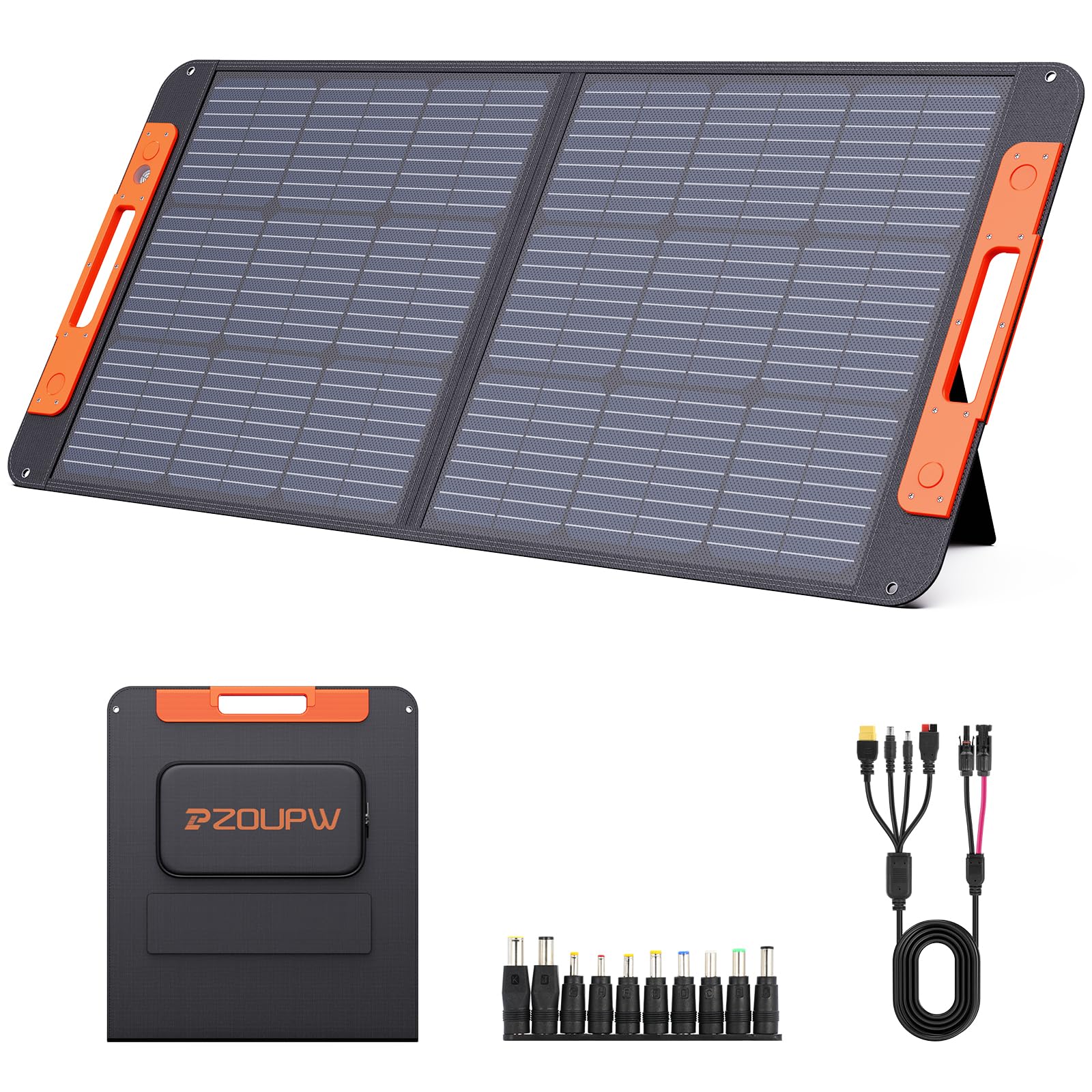 ZOUPW100 Watt Portable Solar Panel with Solar Angle Guide,Camper Essentials,20V Foldable Solar Charger for Power Station, 23.5% High Efficiency IP67 Waterproof 2 Kickstands for Camping RV Blackout