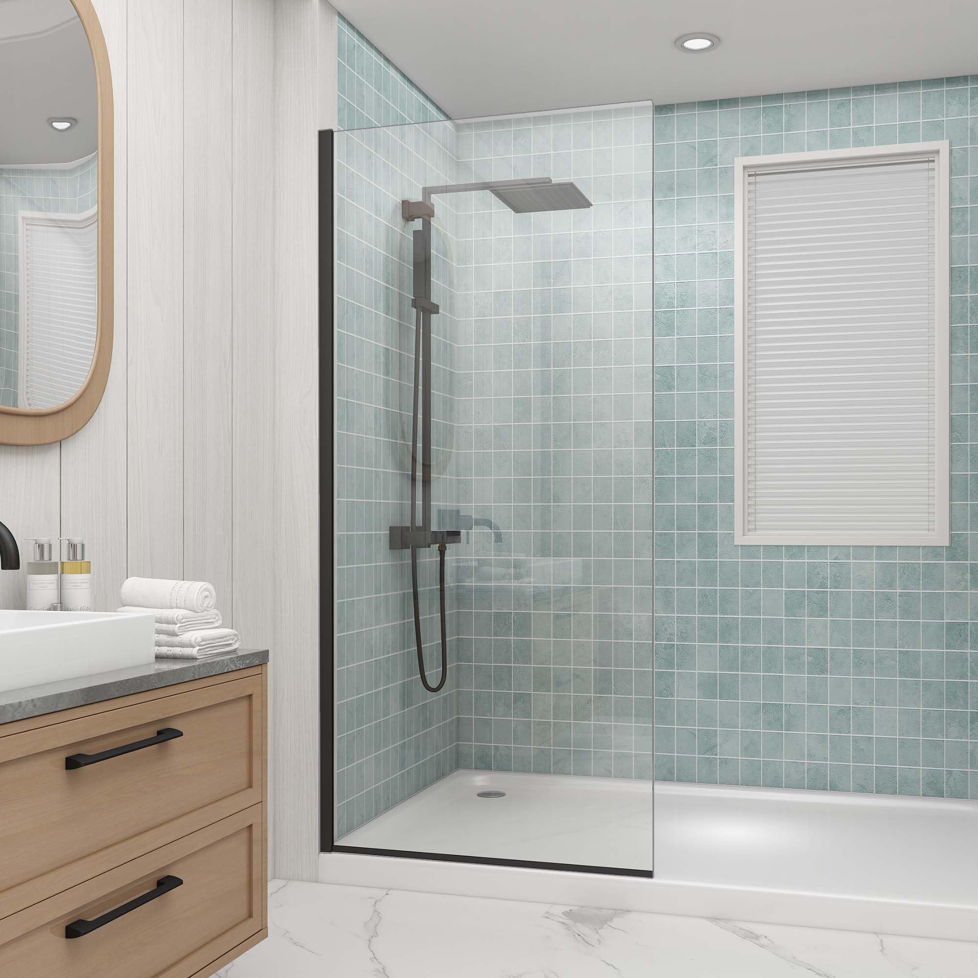 Sunrosa 36"×76" Shower Glass Panel, 8mm Thick Shower Screen, Matte Black Semi-Frameless Bathroom Shower Door, Easy to Cleaner 