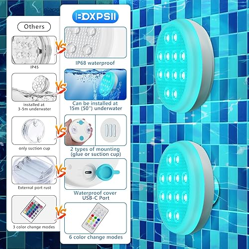 Miniatura 5 de Luces de piscina, luces LED sumergibles recargables mejoradas con control remoto, luz flotante impermeable IP68 de 16 colores con imán, luz de