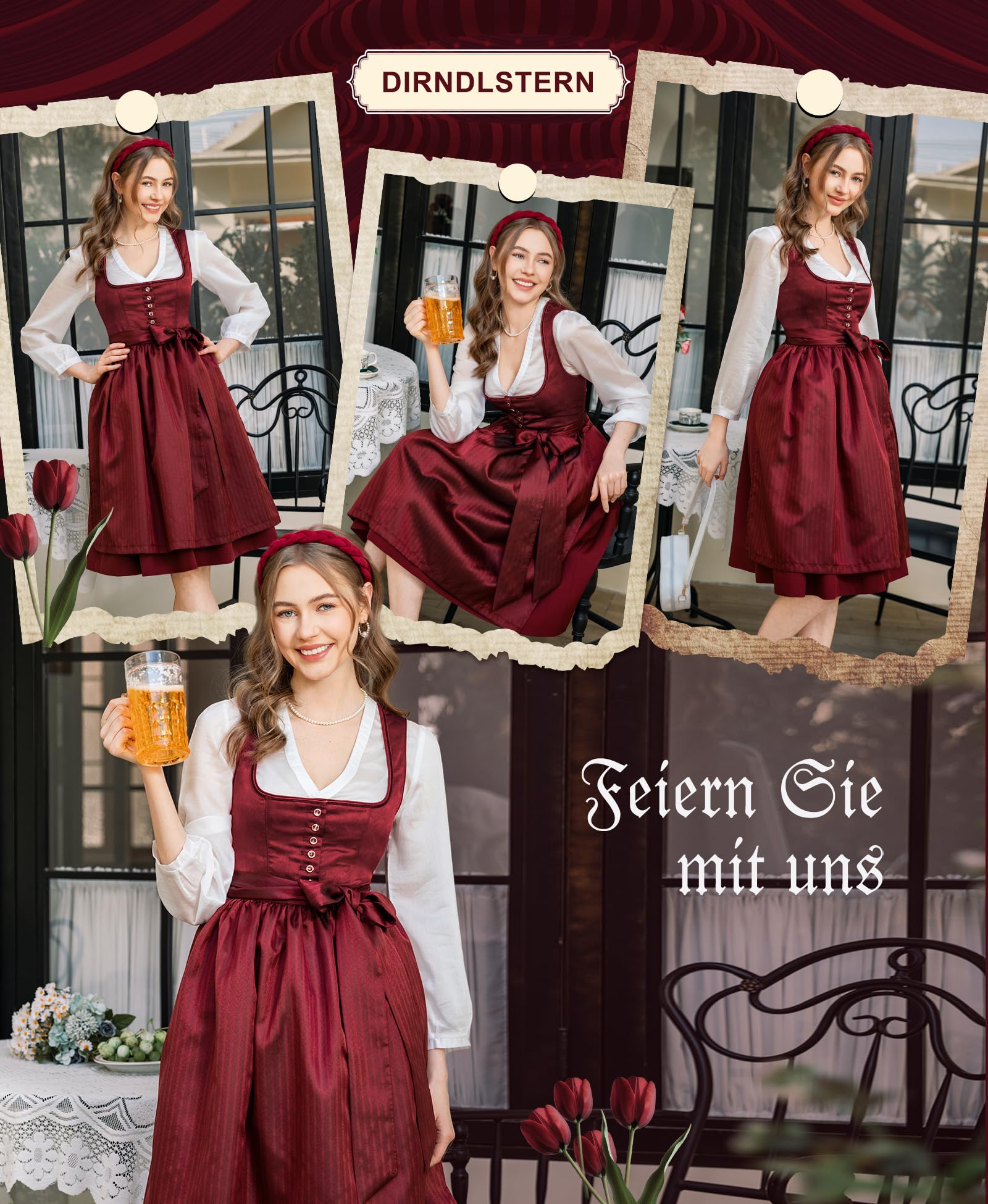 DIRNDLSTERN Damen Midi Rot –Trachtenkleid Damen Dirndlkleid mit Plissee Dirndlschürze für Oktoberfest