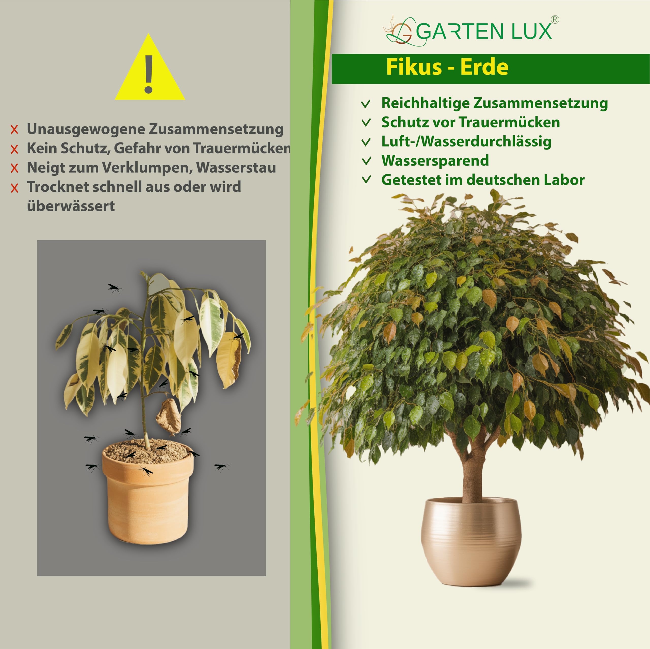 Garten Lux Ficus ziemia 4 l – specjalna ziemia 6 w 1, bez torfu, przeciw komarom – do Ficus Benjamina, Elastica, Lyrata, Pumila, Carica, Microcarpa, Alii, Benghalensis i wielu innych