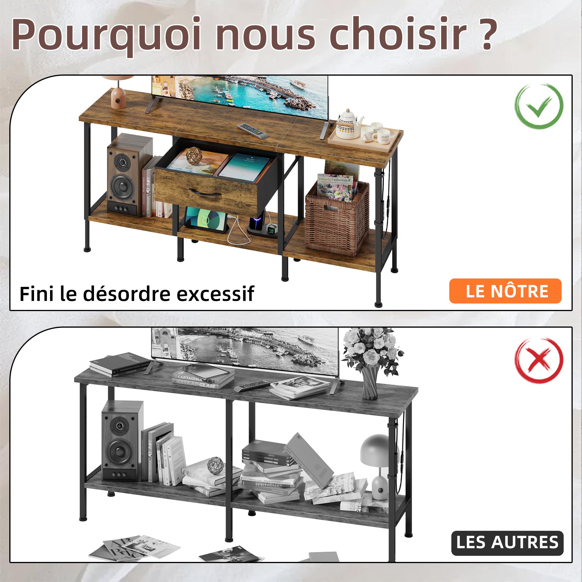 Meuble TV avec Prise et Ports USB, Table Television Salon à Éclairage LED avec Tiroir en Tissu et Étagères Ouvertes, Meuble TV 120 cm pour Téléviseur jusqu'à 55″ Marron Rustique