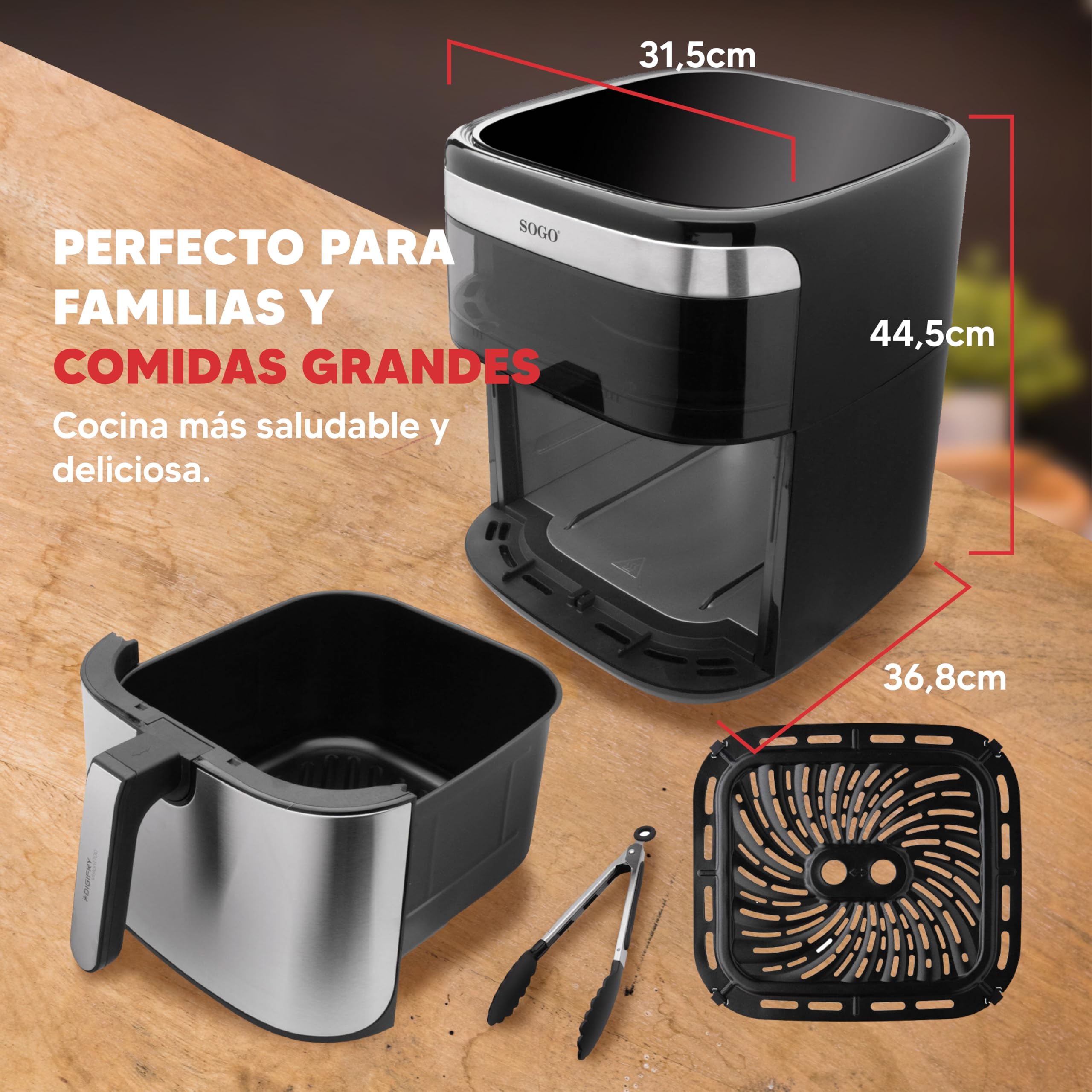 SOGO Freidora de Aire 10L sin Aceite con Pantalla Táctil LED y 10 Funciones - Air Fryer Digital con Cesta Cerámica Antiadherente y Ventana de Visión - Freidora Aire Grande para Cocina Saludable
